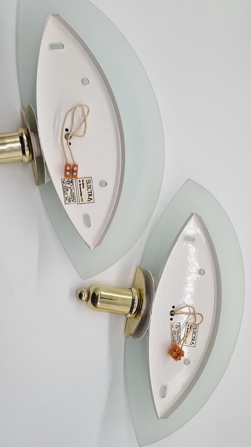 photo for sale Pair Of Kewa Wall Lamps, Matt White Glass, Brass, Poland, 1960s.