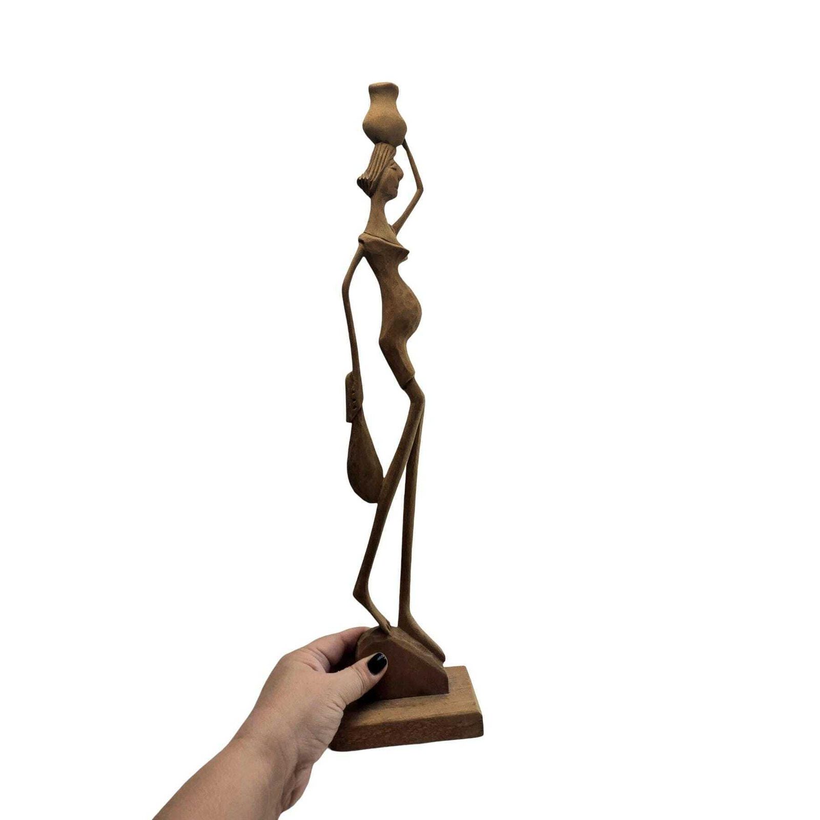 Vintage 55cm African Wooden Carved Figurine Of A Woman With A Jug On Her Head photo buy