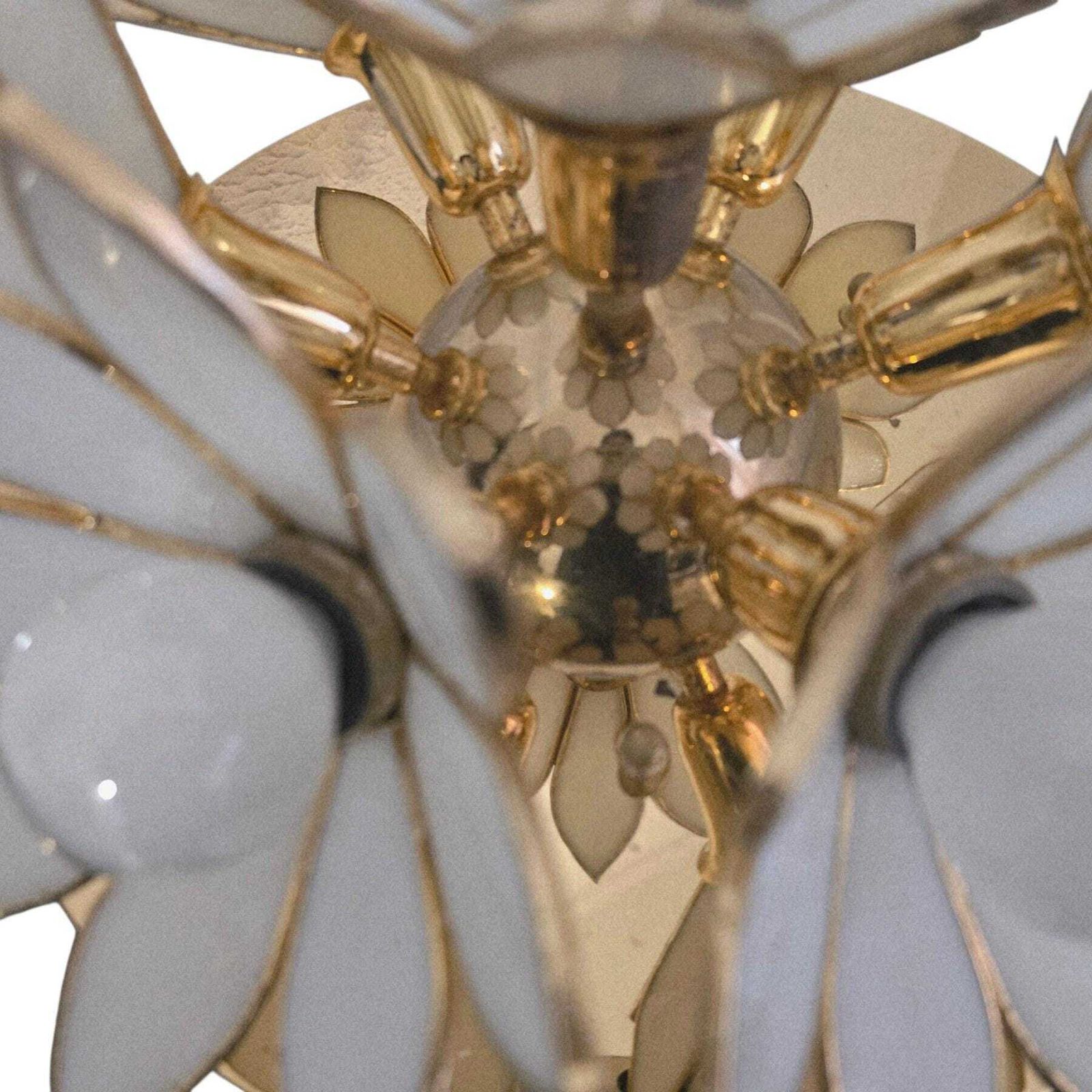870.0 Vintage Hollywood Regency Ceiling Light With White Glass Petals, Gold Brass Frame photo