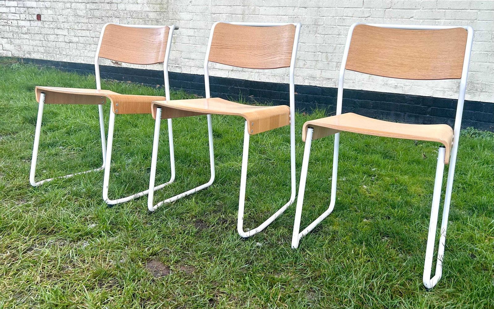 3 Available Very Good & Proper Canteen Stacking Chairs Vintage Industrial Wooden Kitchen Dining Seating School White photo furniture