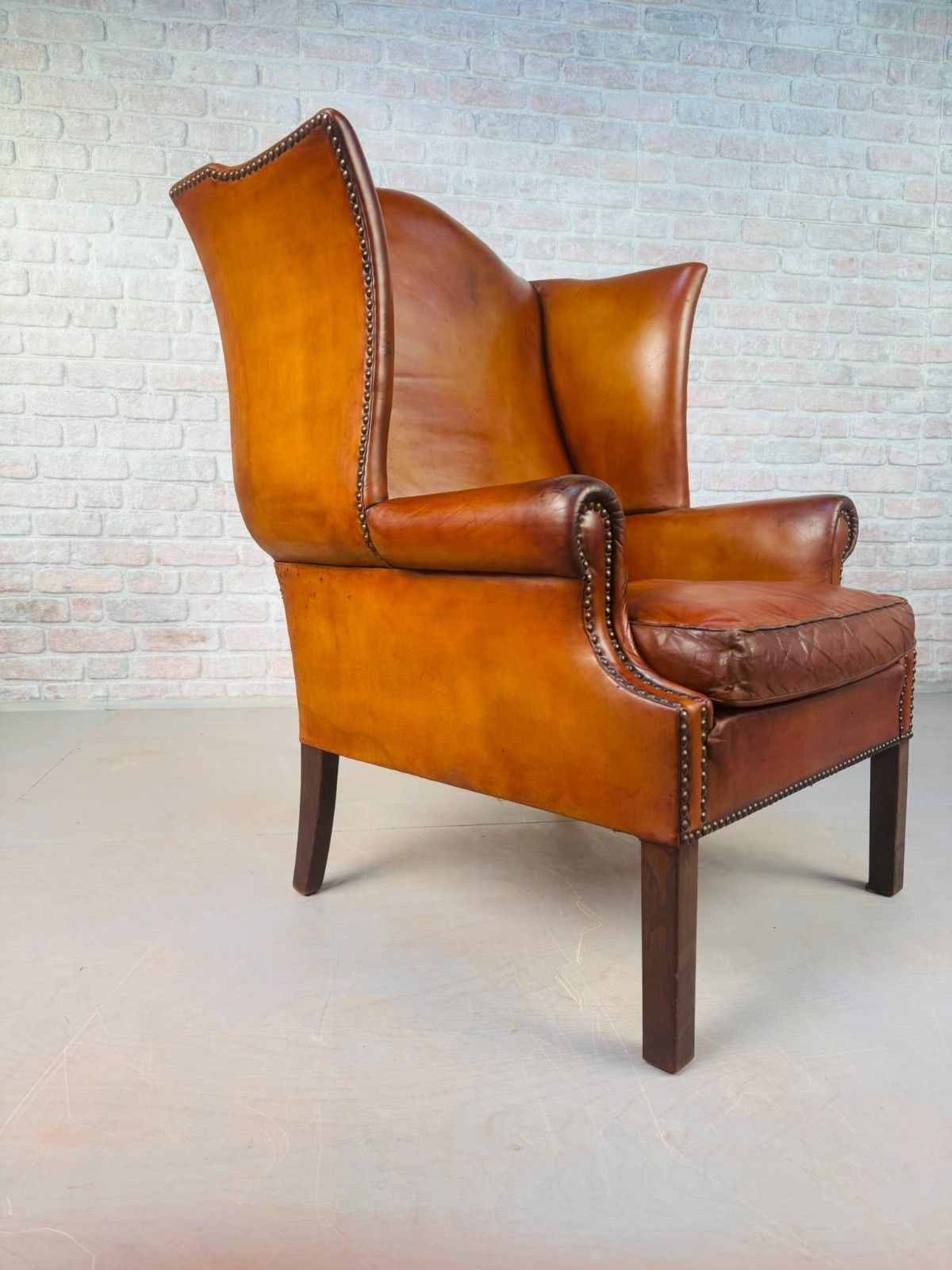 Vintage George III Style English Tan Leather Wingback Chair C.1940 #A834 photo vintage