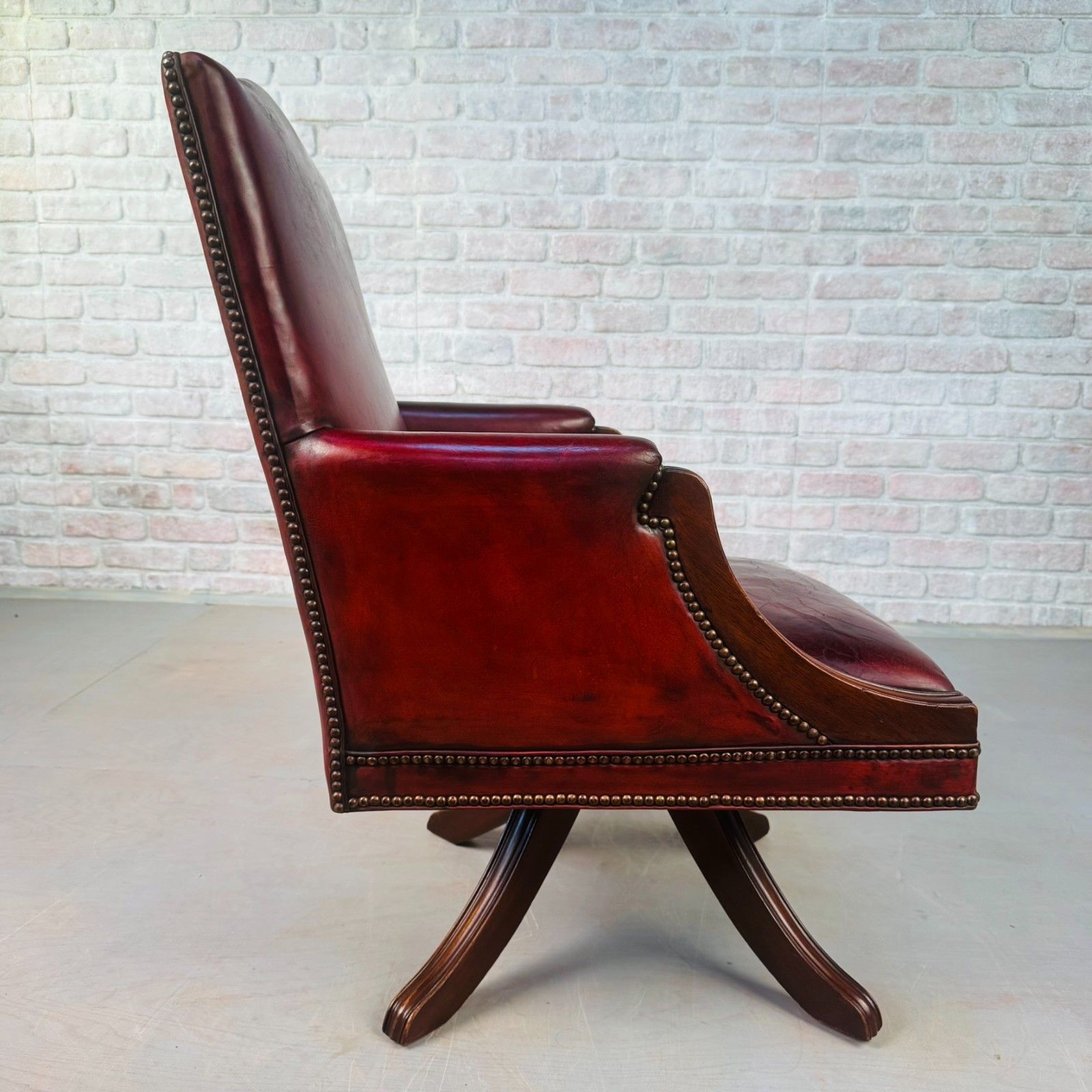 English Vintage Deep Red Leather Swivel Office Desk Chair #A833 photo buy