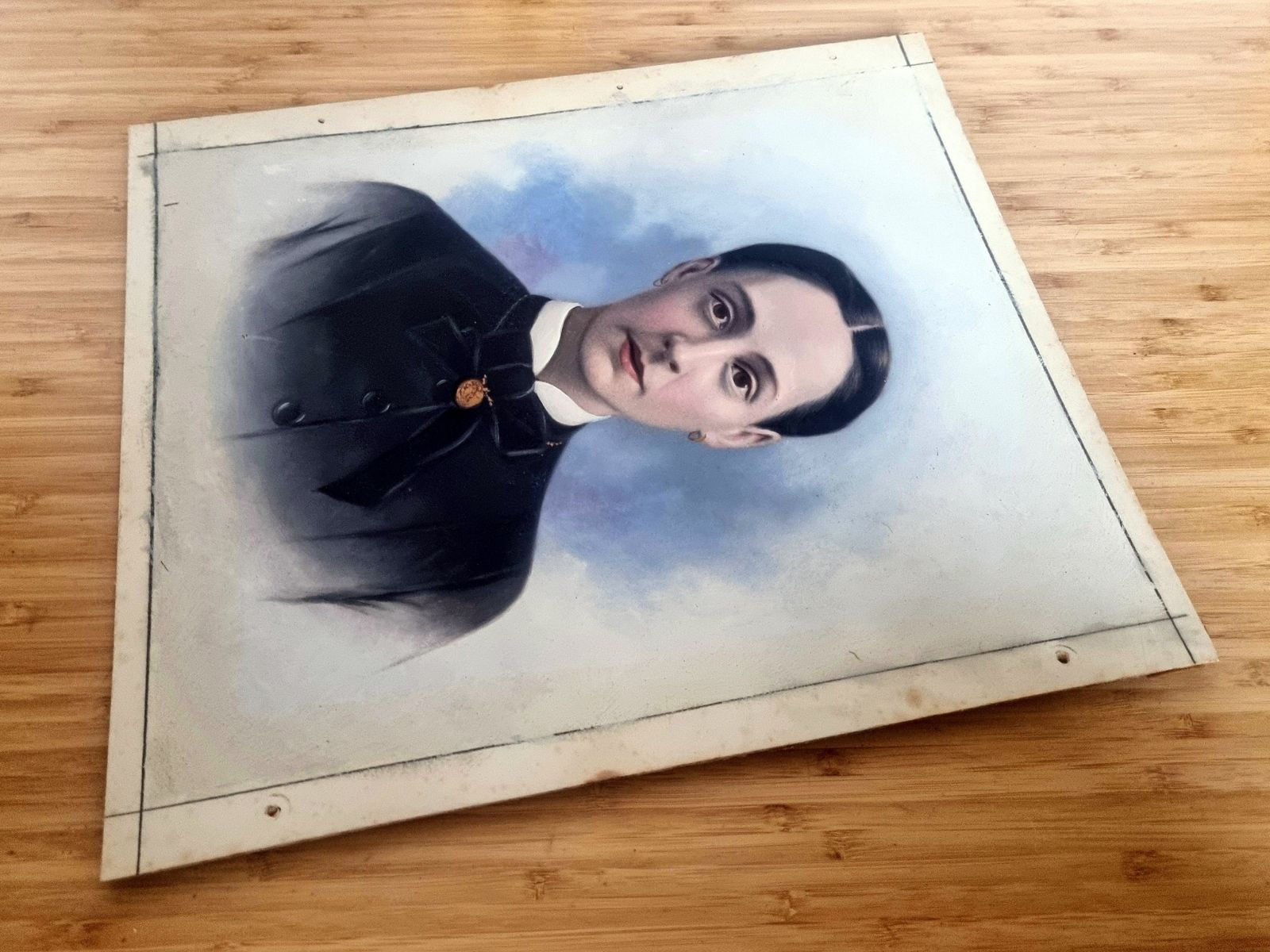 Antique Painted Portrait Panel, 19th Century Oil Over Photograph, Female Portrait Art, Hand Painted Photographic Panel photo 175.0