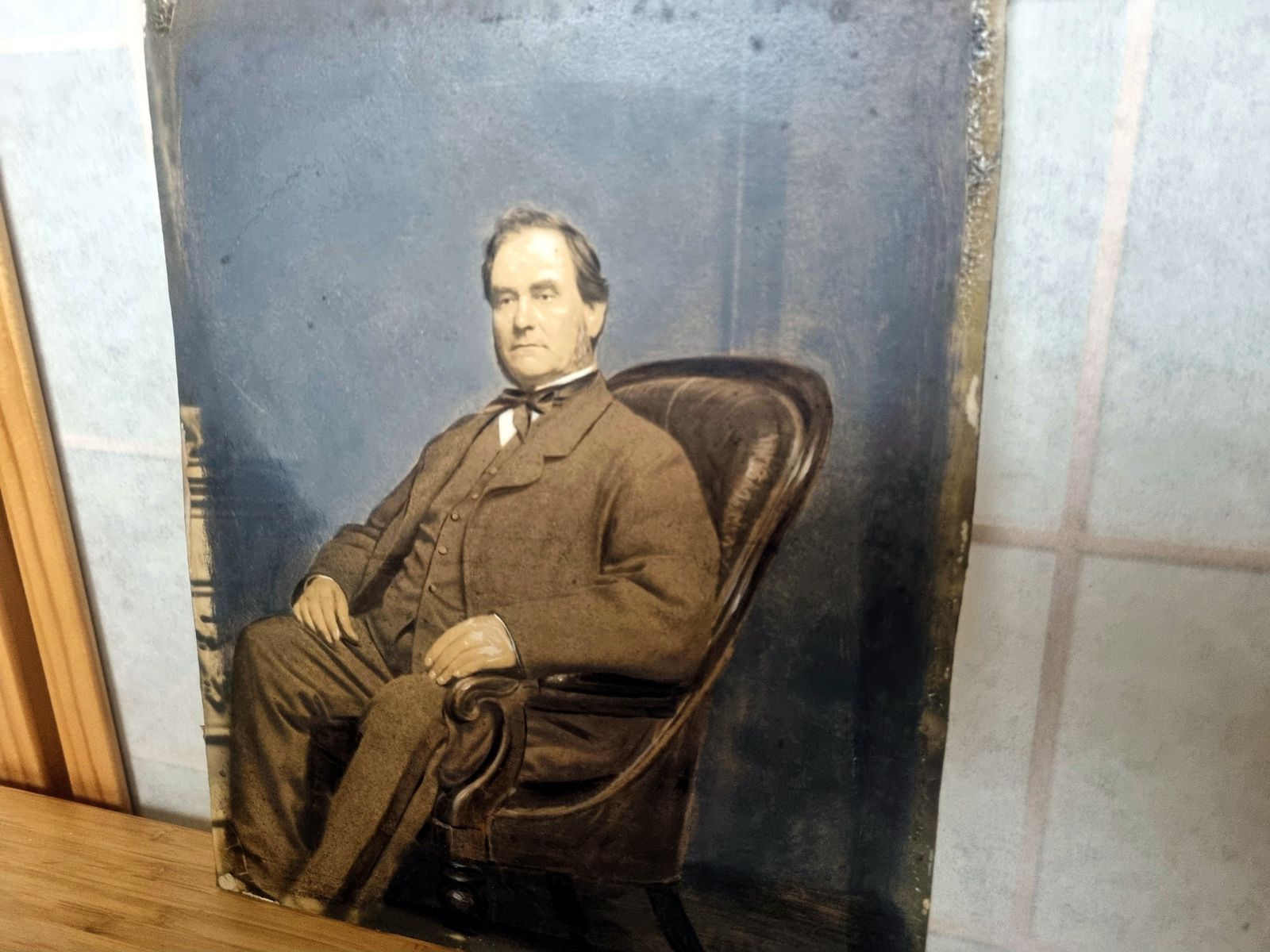 Antique Portrait Photograph Print, Gentleman Seated Chair Image, Oil Painted Over Photograph, 19th Century Wall Art photo furniture