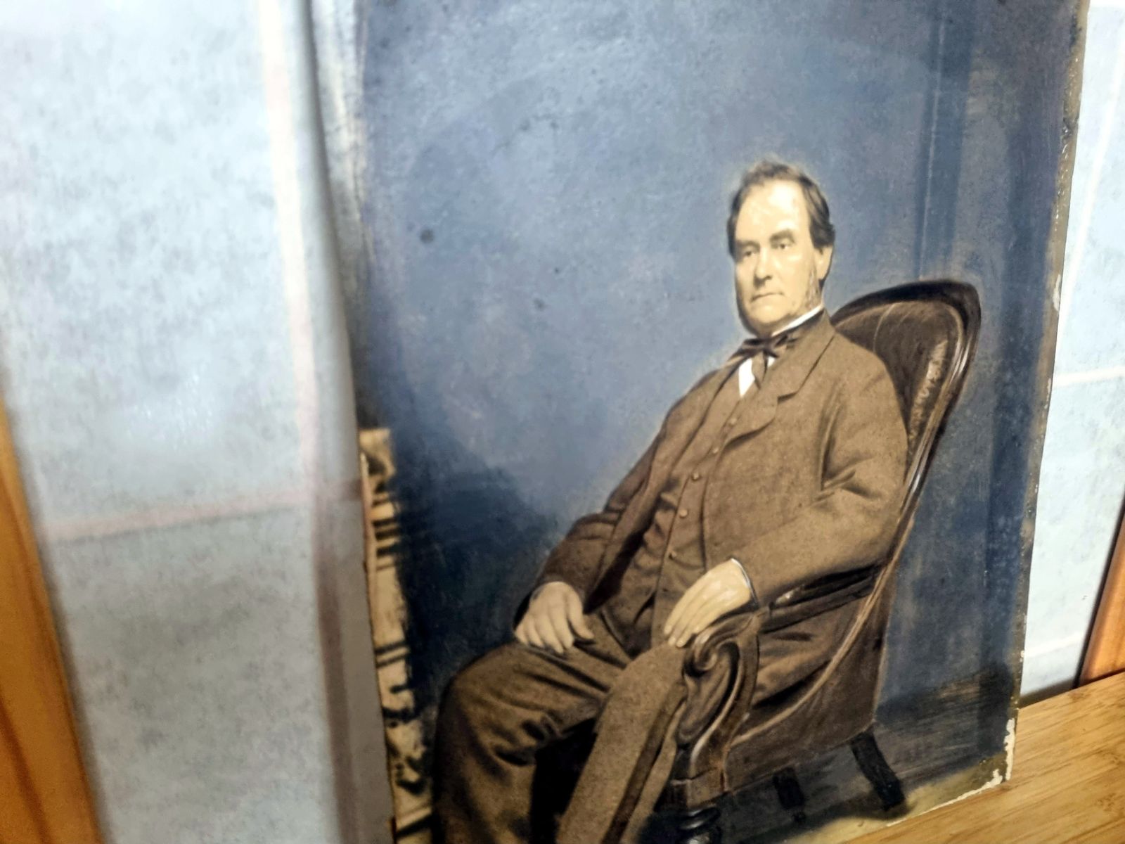 Antique Portrait Photograph Print, Gentleman Seated Chair Image, Oil Painted Over Photograph, 19th Century Wall Art photo for sale