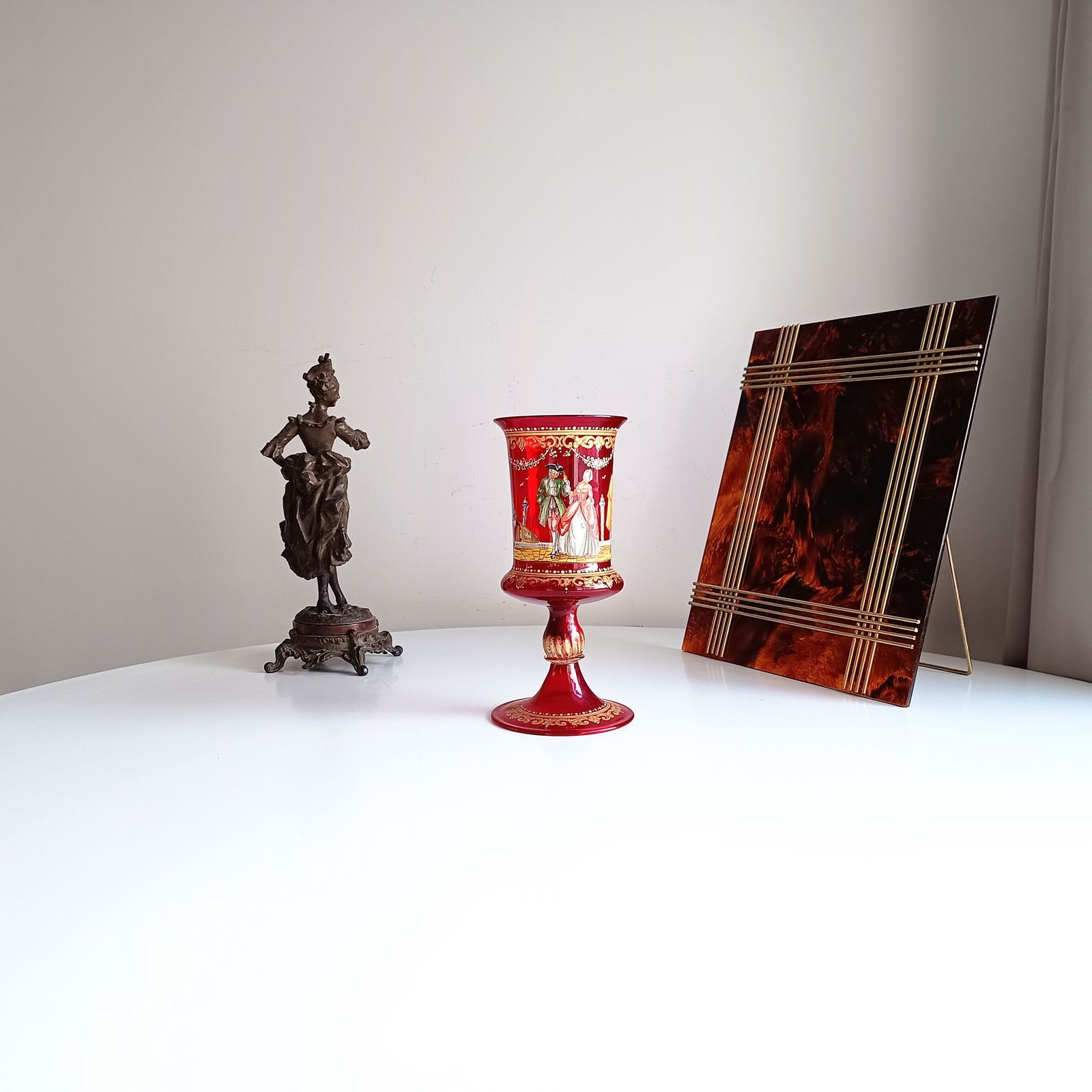 Venetian Ruby Chalice Goblet Vase, Hand Painted Comedia Del Arte, Salviati Style, Murano Art Glass photo vintage