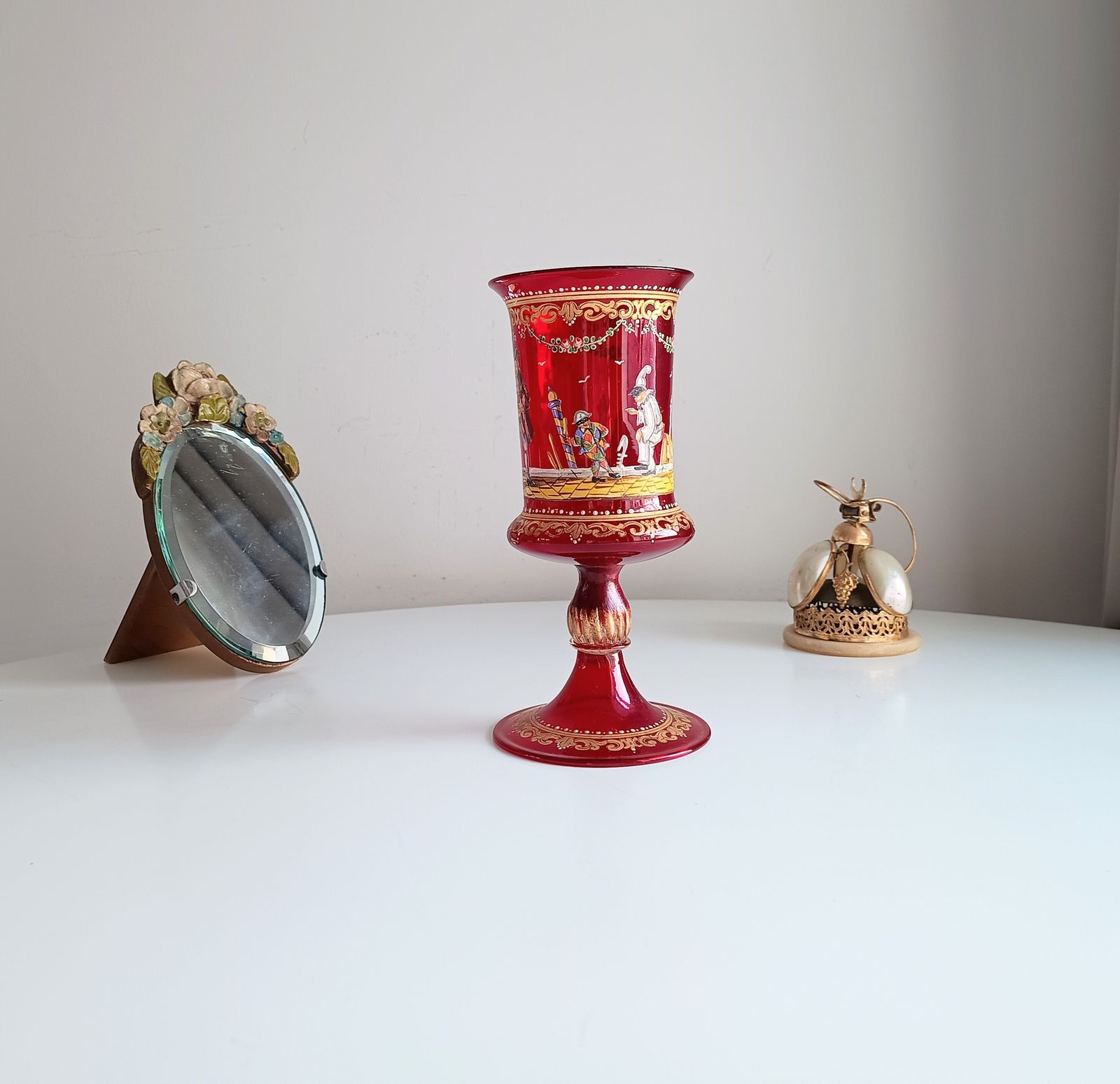 Venetian Ruby Chalice Goblet Vase, Hand Painted Comedia Del Arte, Salviati Style, Murano Art Glass photo for sale