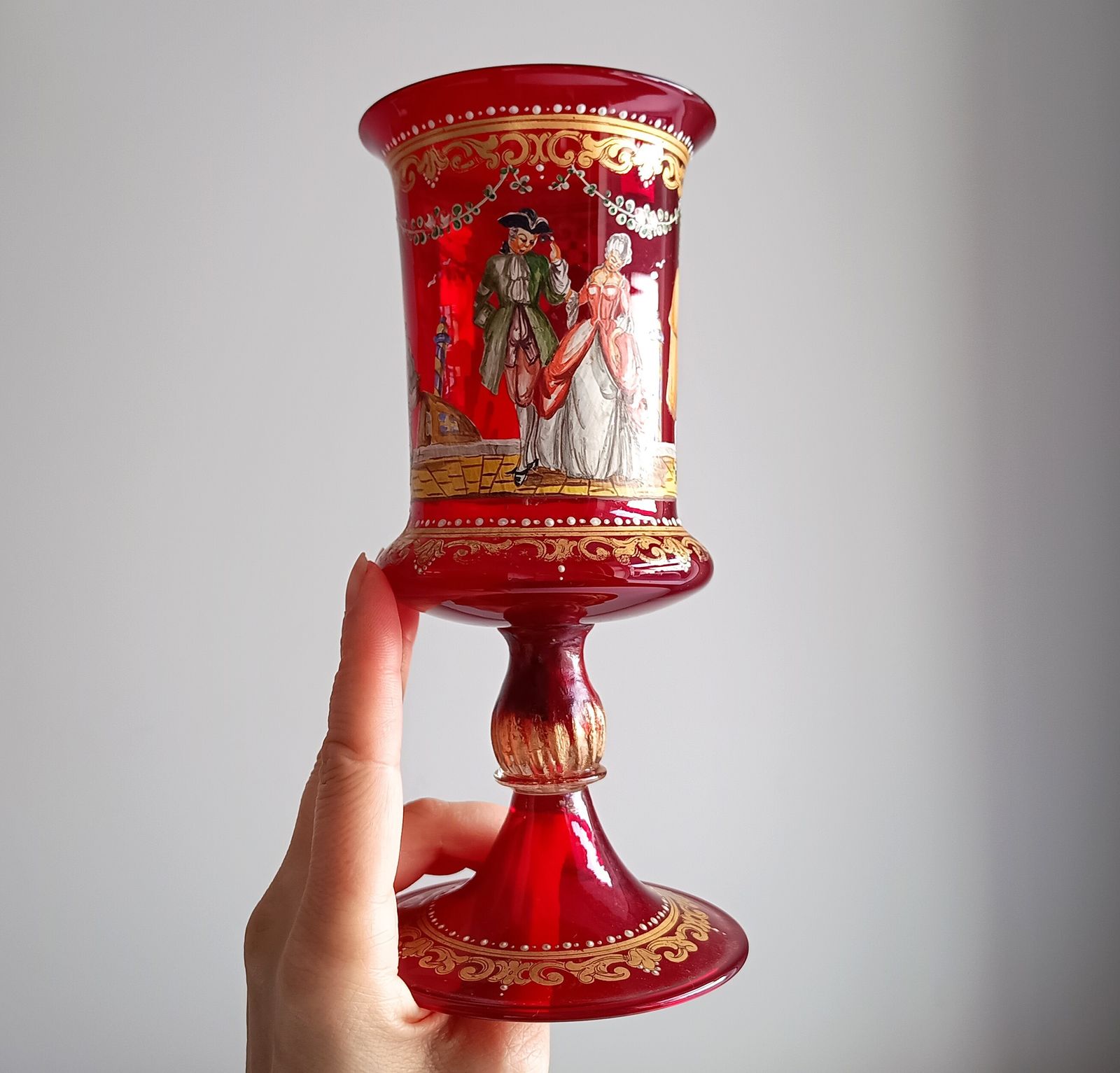 Home Decor Venetian Ruby Chalice Goblet Vase, Hand Painted Comedia Del Arte, Salviati Style, Murano Art Glass photo