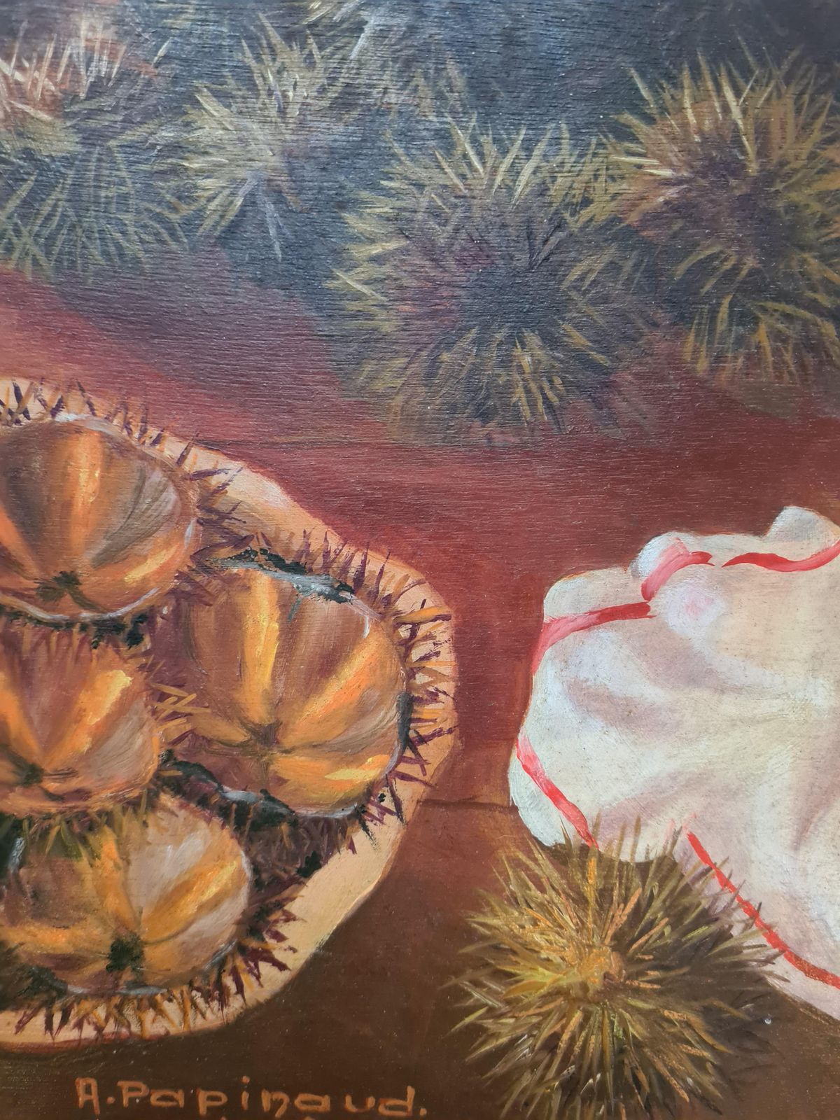 Les Oursins Still Life Painting, Oil On Board, Mid 20th Century, 1972 By A Papinaud photo 1008.0