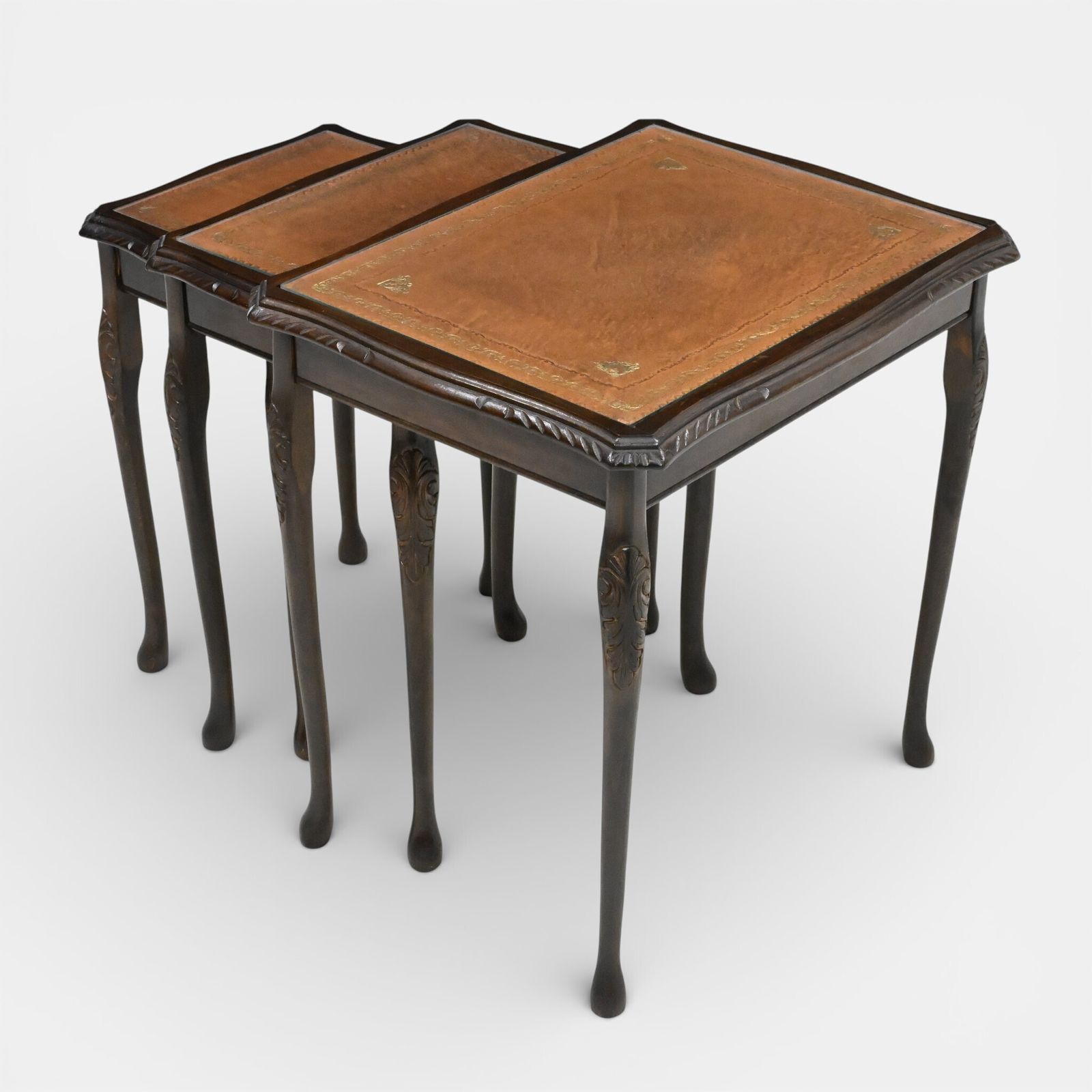 Tall Nest Of Tables Queen Anne Cabriole Legs Leather Glass Top Free Uk* Delivery photo for sale