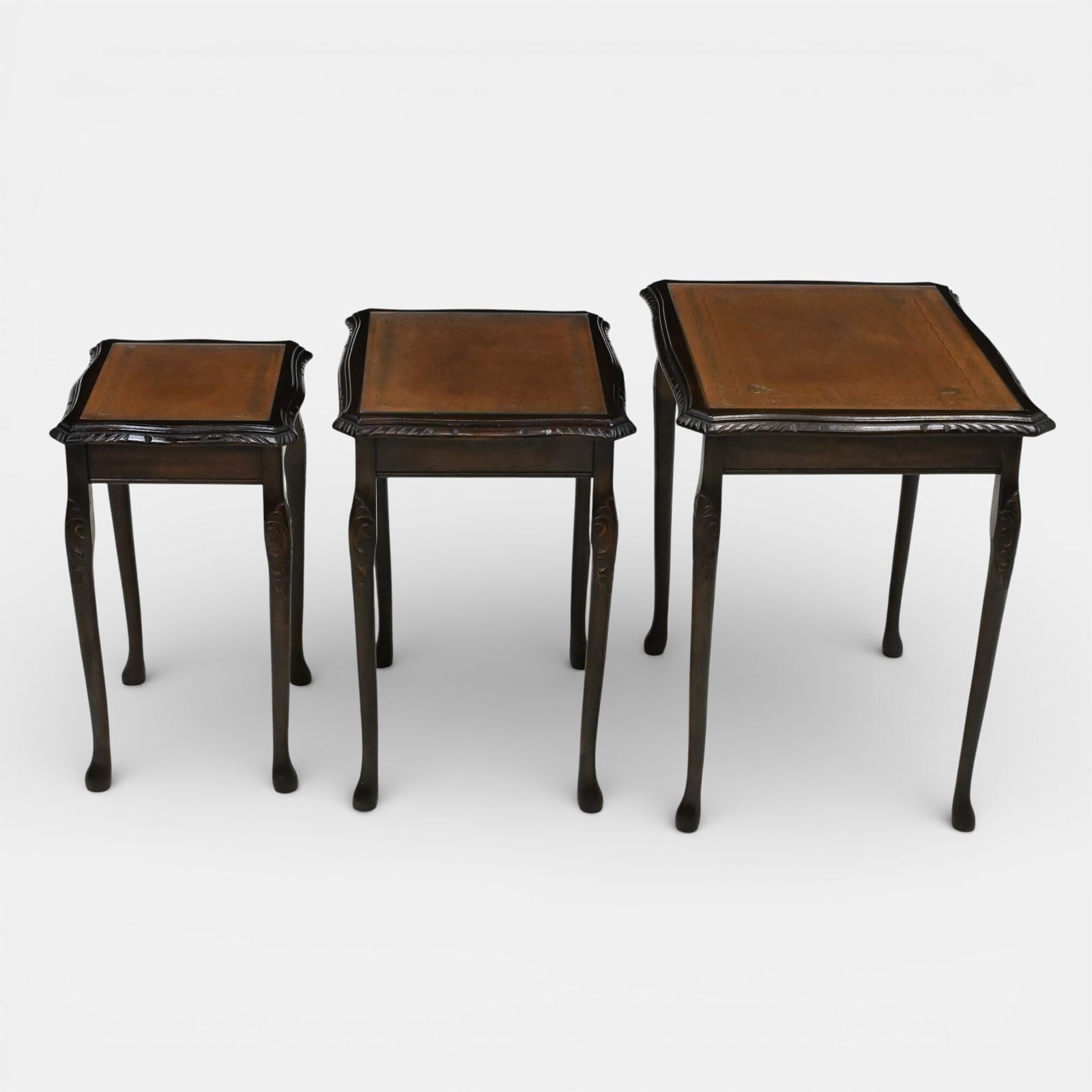 photo for sale Tall Nest Of Tables Queen Anne Cabriole Legs Leather Glass Top Free Uk* Delivery