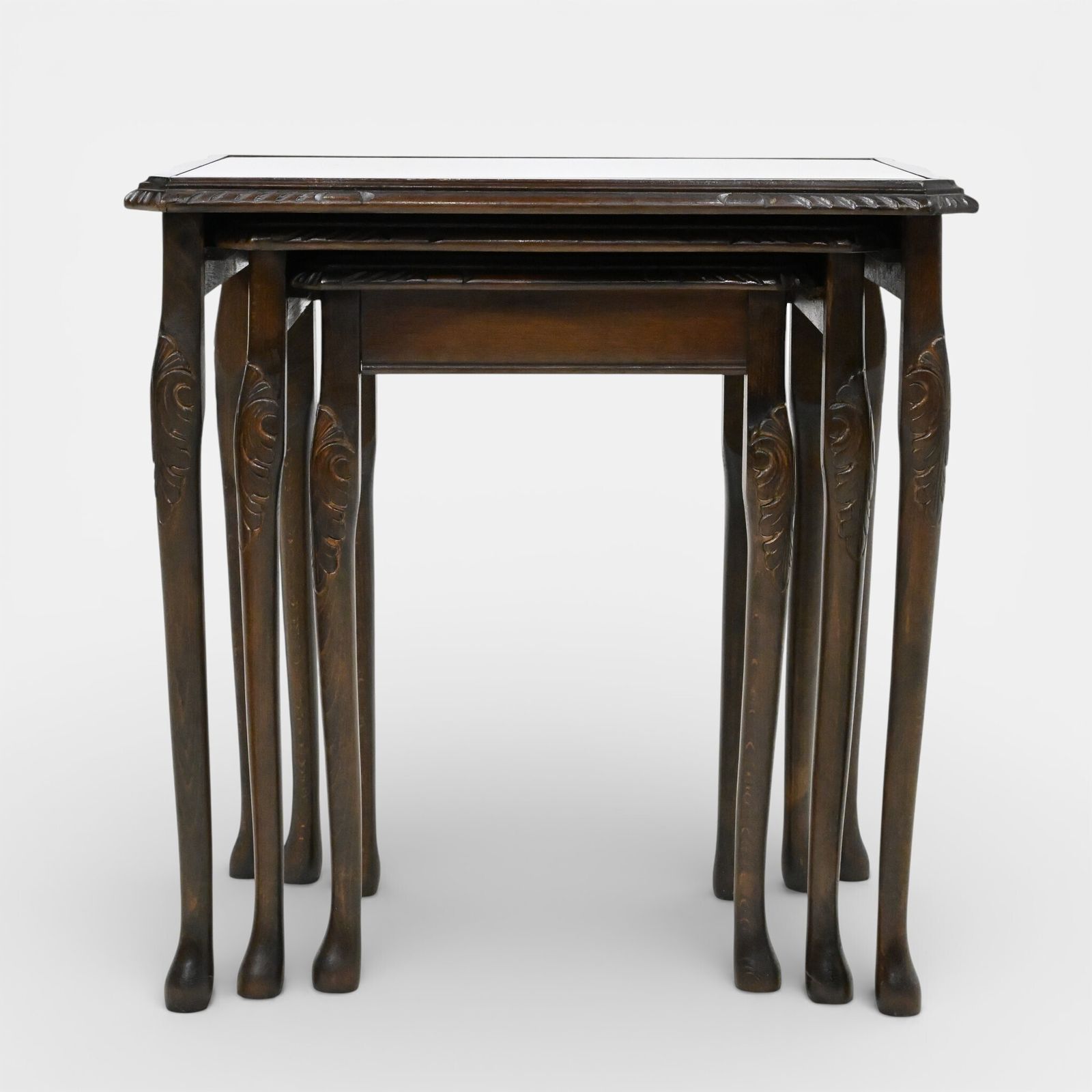 167.0 Tall Nest Of Tables Queen Anne Cabriole Legs Leather Glass Top Free Uk* Delivery photo