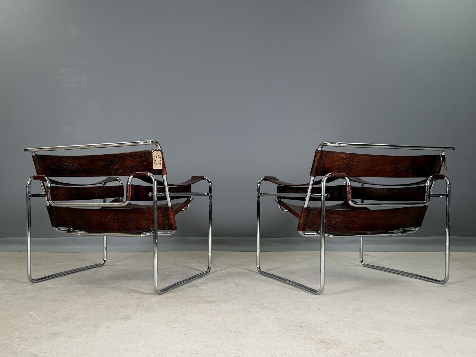 Crocodile Leather Wassily B3 Two 2 Lounge Chair. By Marcel Breuer. Brown Tan Mahogany Leather And Chrome Bauhaus Lounge Club Accent Chair Pair photo buy