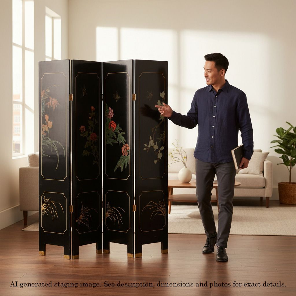 Antique C.1900 Large Victorian Chinoiserie Black Lacquer Papier Mâché Dressing Screen   Fine Quality Room Divider photo for sale