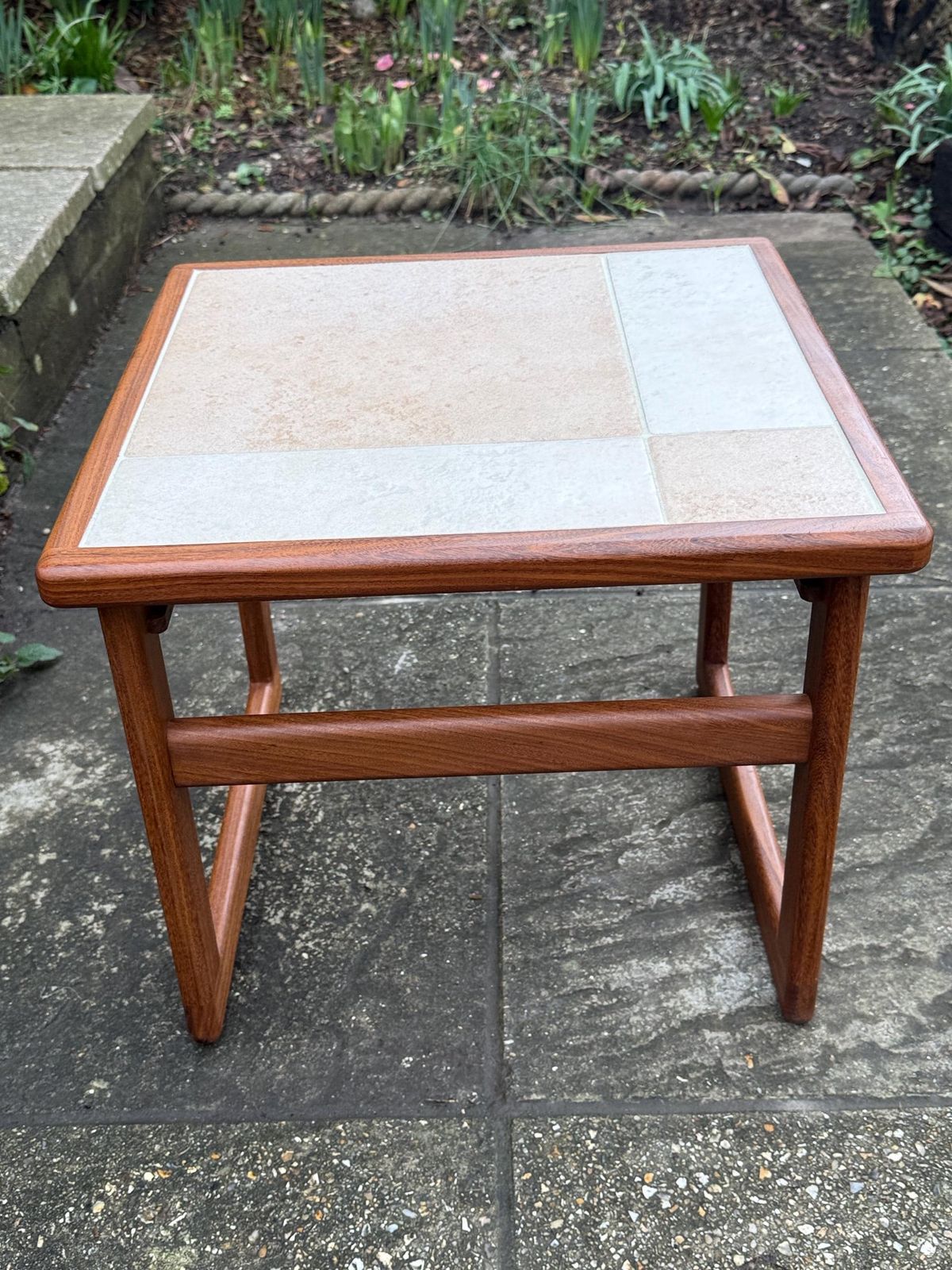 photo furniture Small Mid Century Teak Tile Top, G Plan Style Side Table, Scandinavian Style Vintage Occasional Table