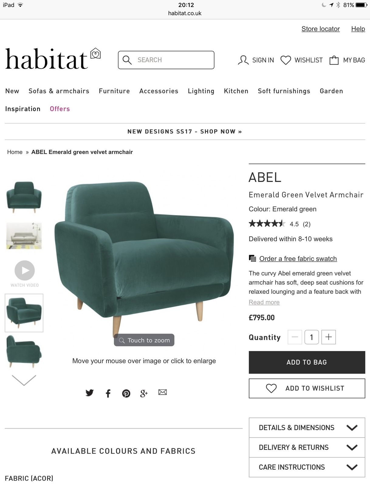 275.0 Habitat Abel Emerald Green Velvet Armchair photo