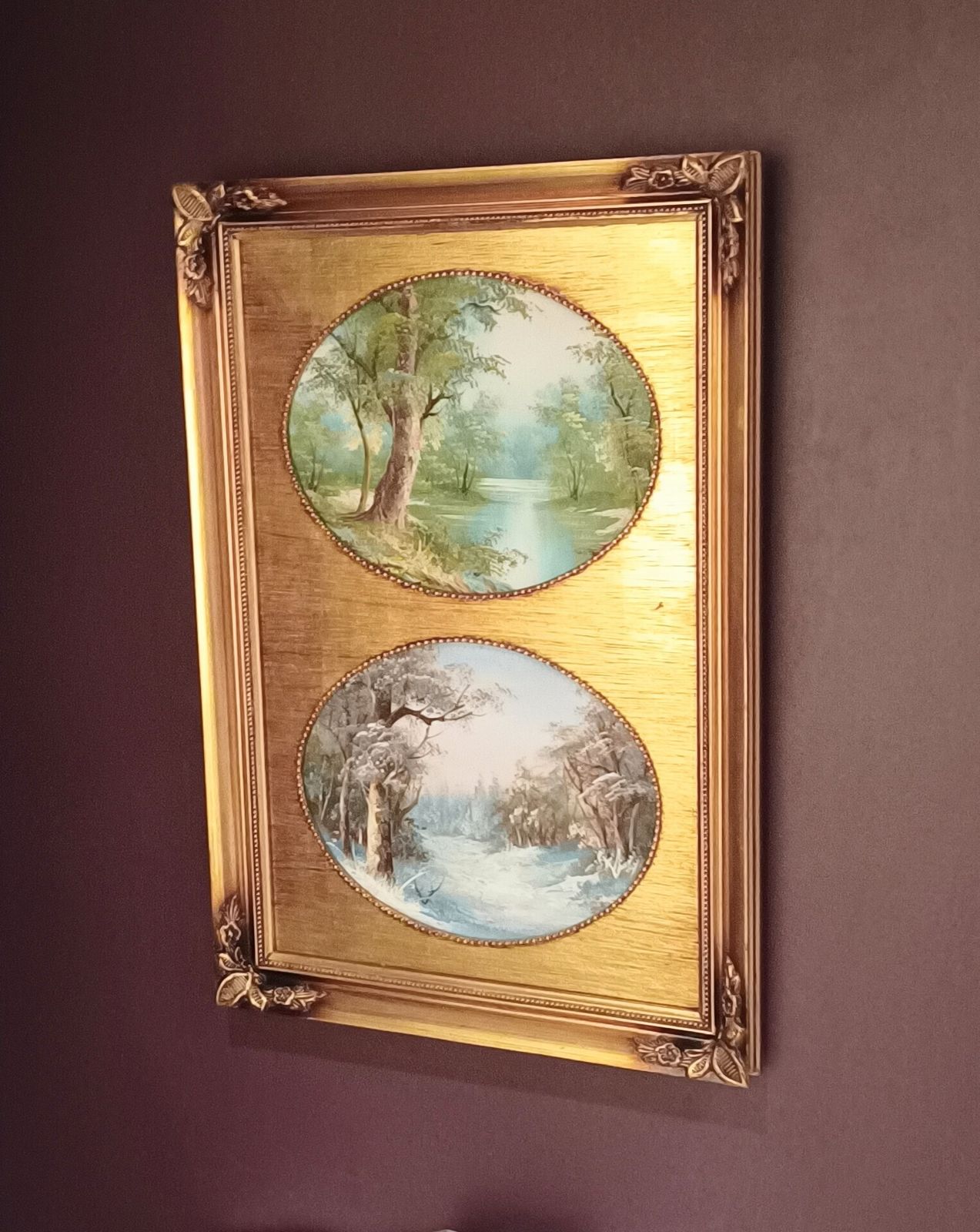 Decorative Oil Paintings Forest Summer And Winter Snow Scene Framed Gold Gilded Frame. photo furniture