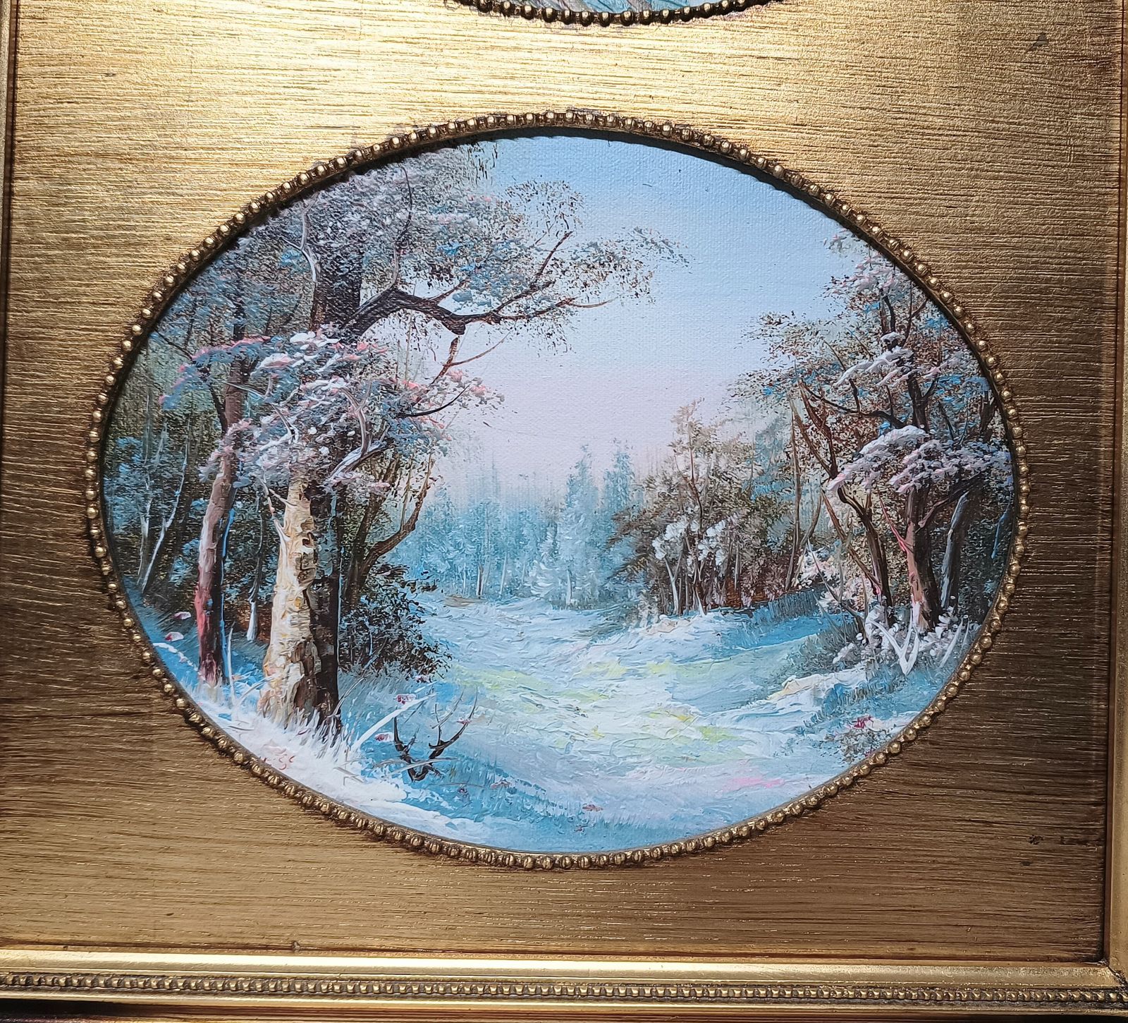Decorative Oil Paintings Forest Summer And Winter Snow Scene Framed Gold Gilded Frame. photo Art