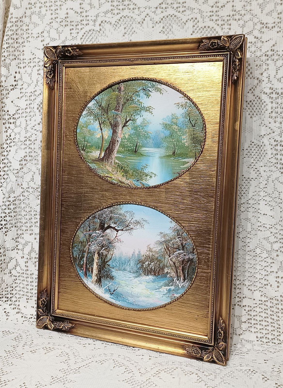 Decorative Oil Paintings Forest Summer And Winter Snow Scene Framed Gold Gilded Frame. photo buy