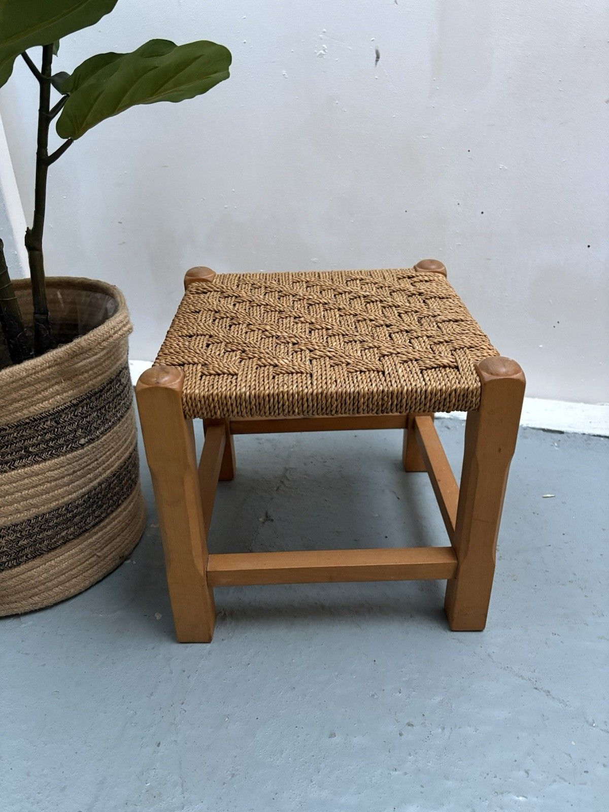 Vintage French Woven Jupe Rope Sea Grass Square Shaped Foot Stool Plinth Table