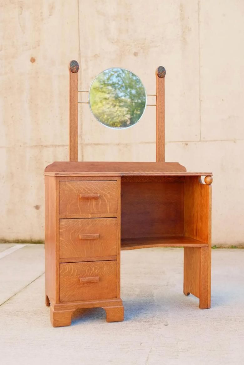 Compact English Arts & Crafts 1920s Oak Dressing Table / Vanity photo for sale