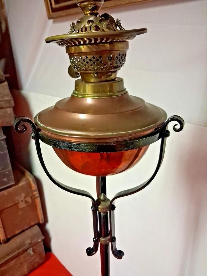 Antique Arts And Crafts Iron And Copper Floor Oil Lamp Converted To Electric photo buy