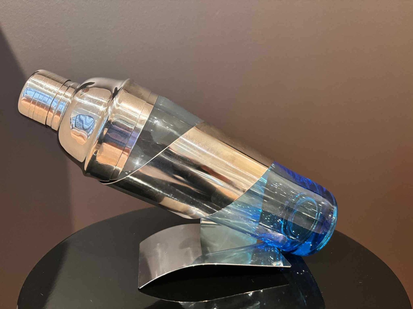 Home Decor Vintage Blue Glass Cocktail Shaker With Stainless Steel Holder, Modernist Bar Decor photo