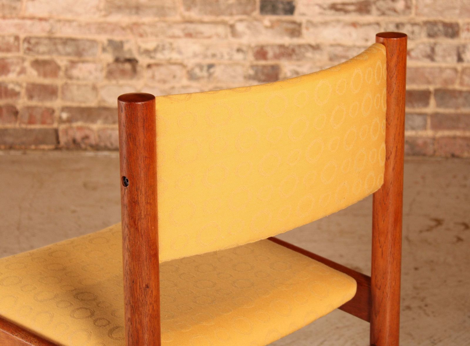 photo for sale Set Of 4 Danish Mid Century Teak Dining Chairs With Yellow Fabric Upholstery, Circa 1970s