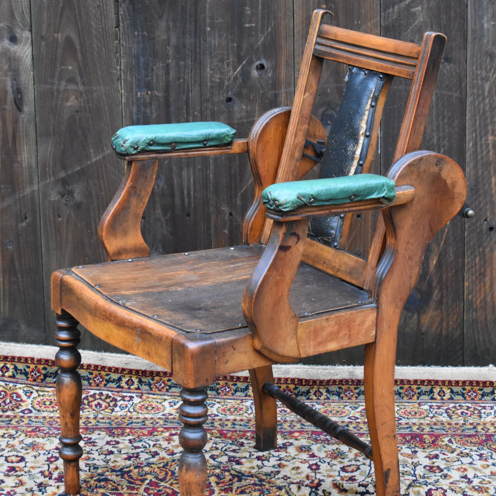 Antique Edwardian Leather And Beechwood Adjustable Barbers Dentist Chair photo vinterior