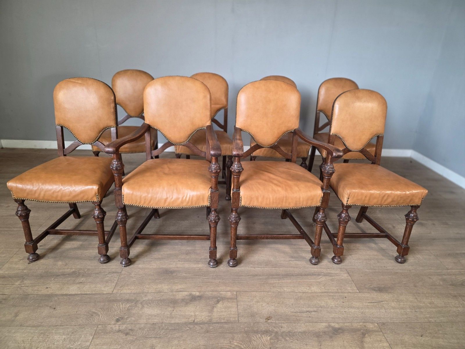 Set Of 8 Antique Oak And Leather Dining Chairs photo furniture