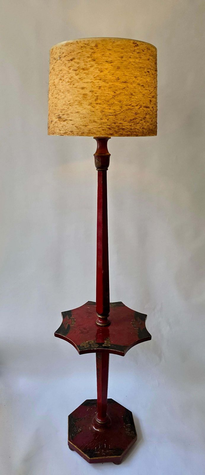 Striking Red Lacquered Chinoiserie Floor Lamp With Table, France, Ca. 1920–1940 photo for sale