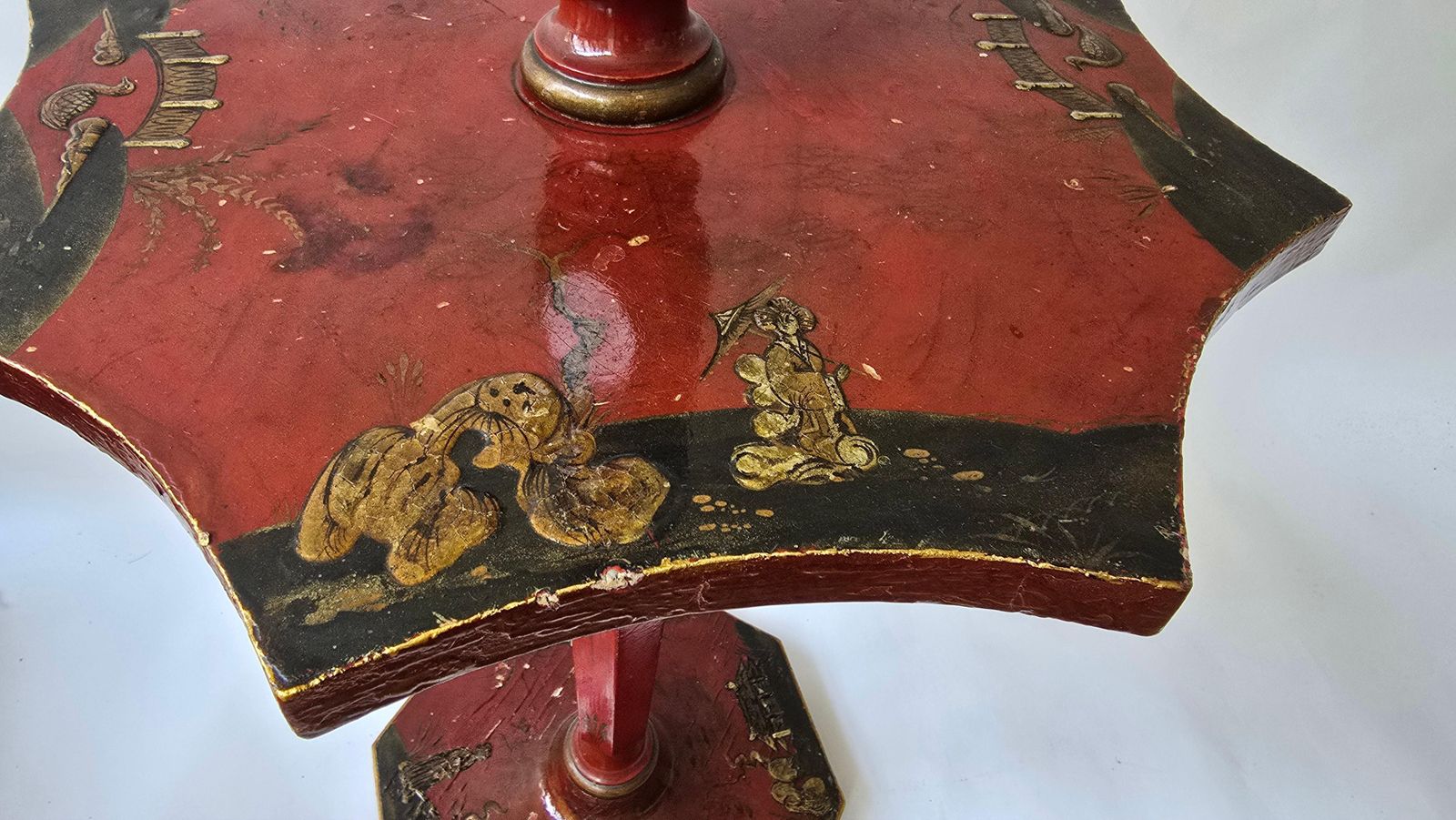 Striking Red Lacquered Chinoiserie Floor Lamp With Table, France, Ca. 1920–1940 photo vinterior