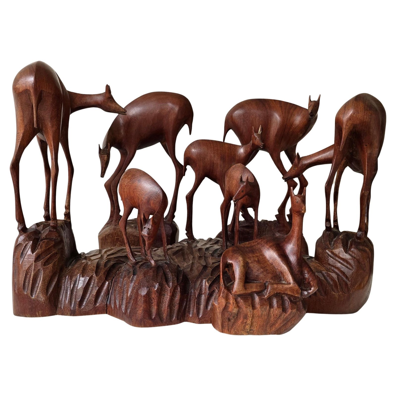 African Wooden Sculpture Of A Deer Family, Belgian Congo, 1950s