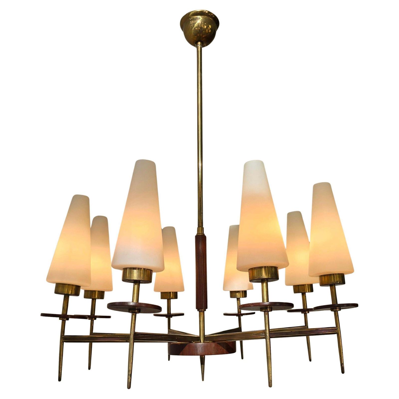 Mid Century Modern Brass, Wood And Opaline Glass Chandelier, 1950s, 8 Lights photo 2887.0