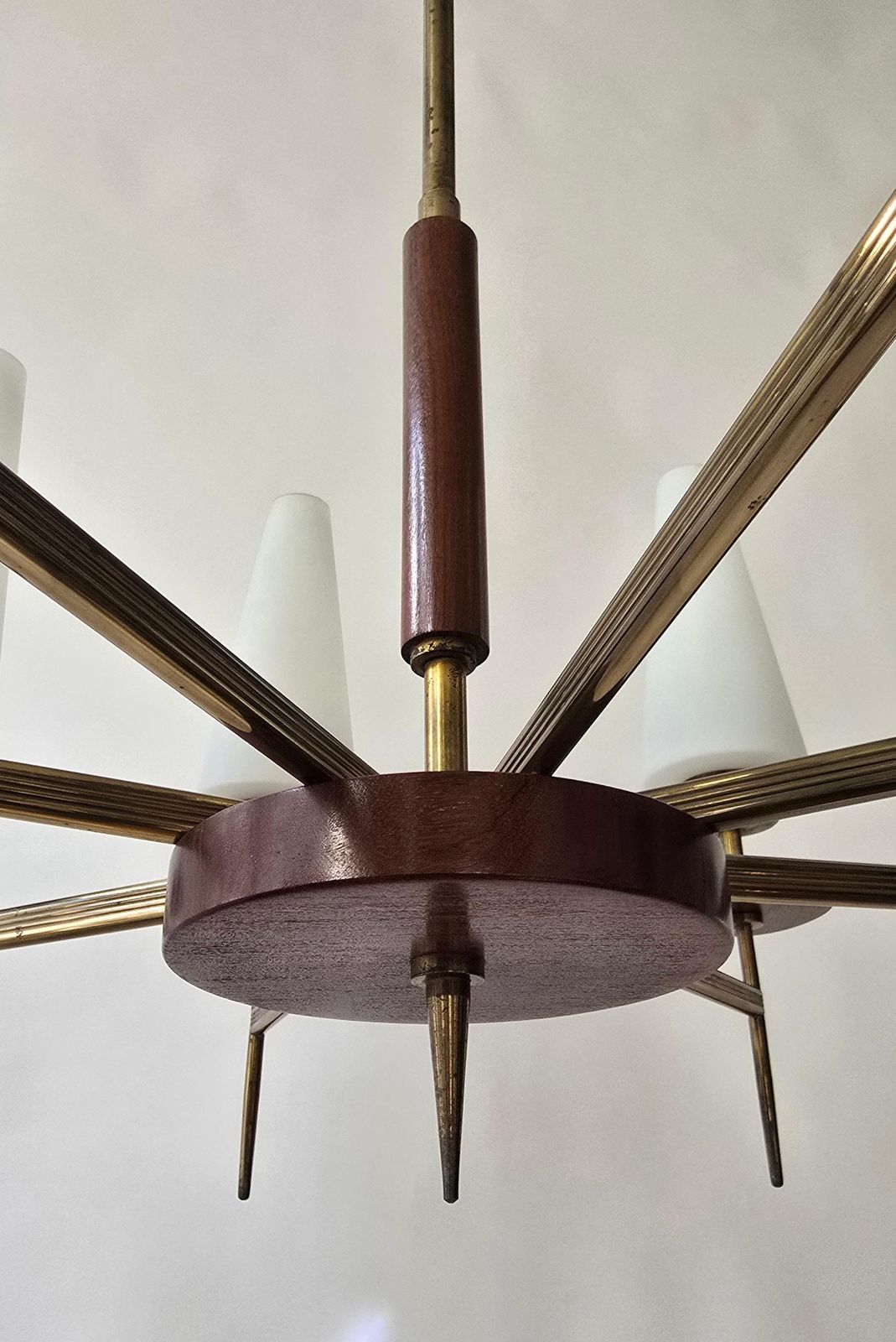2887.0 Mid Century Modern Brass, Wood And Opaline Glass Chandelier, 1950s, 8 Lights photo