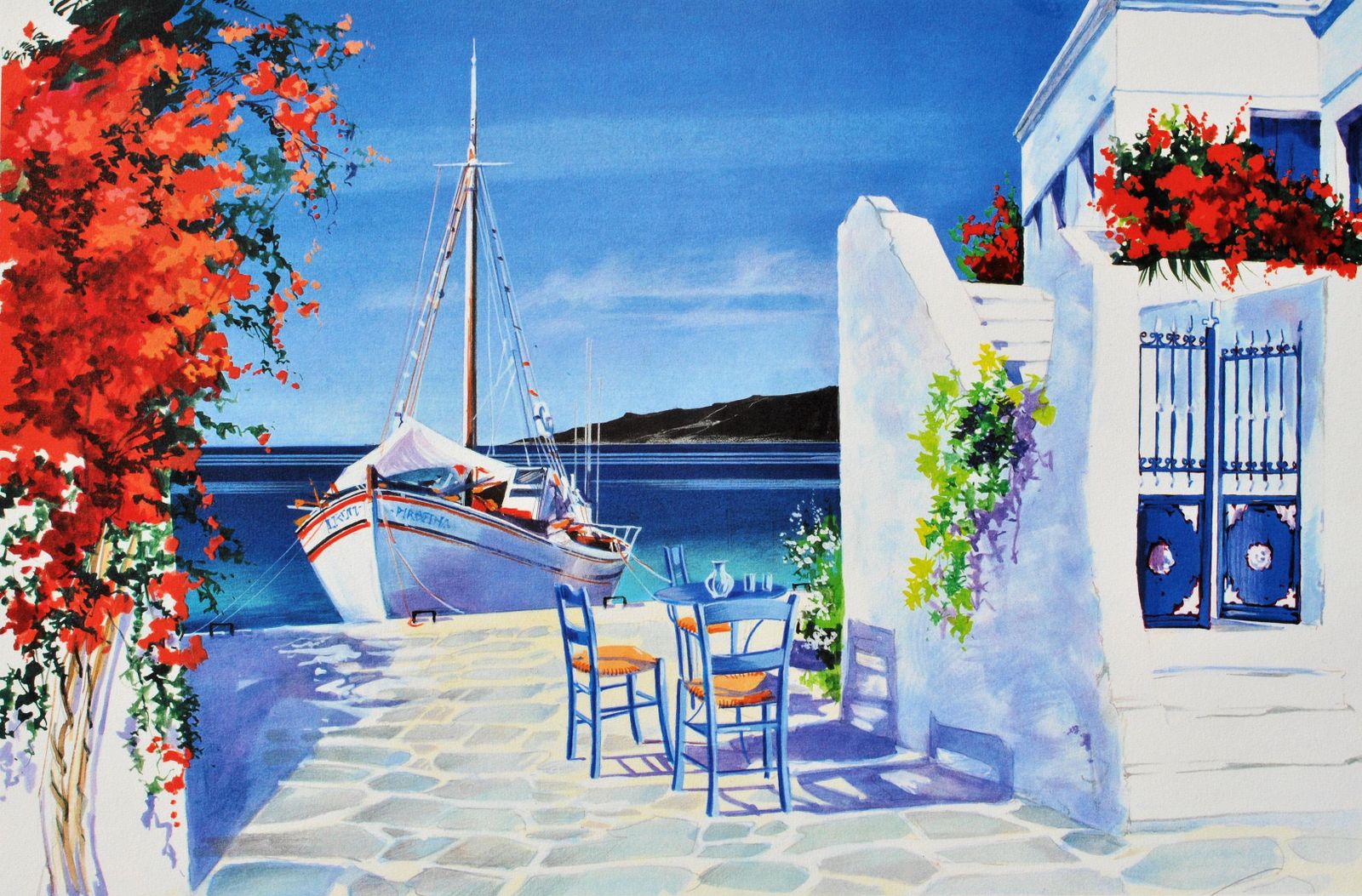 Andre Savy Riviera : Sailboat At Santorini   Original Lithograph, Handsigned & Ltd /390 1982 photo furniture