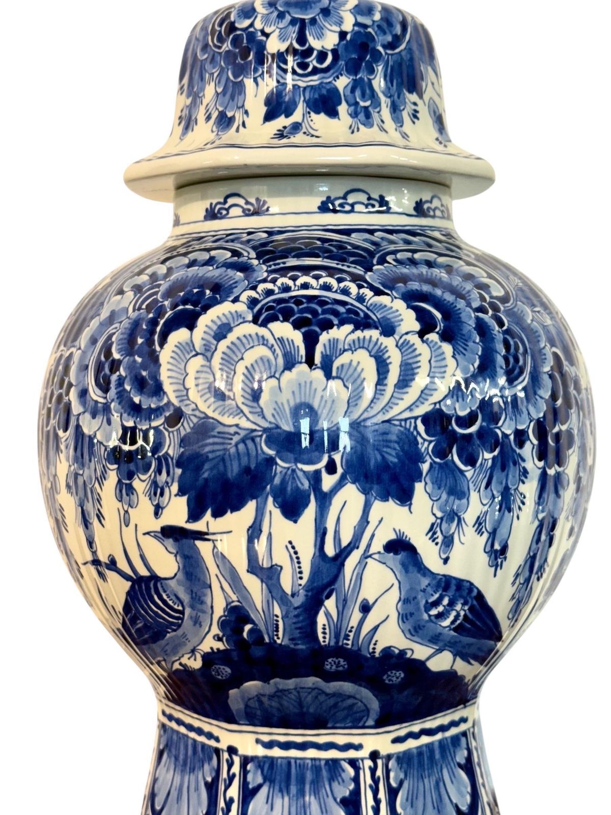 Large Blue And White Delft Lidded Vase With Birds And Flowers photo for sale
