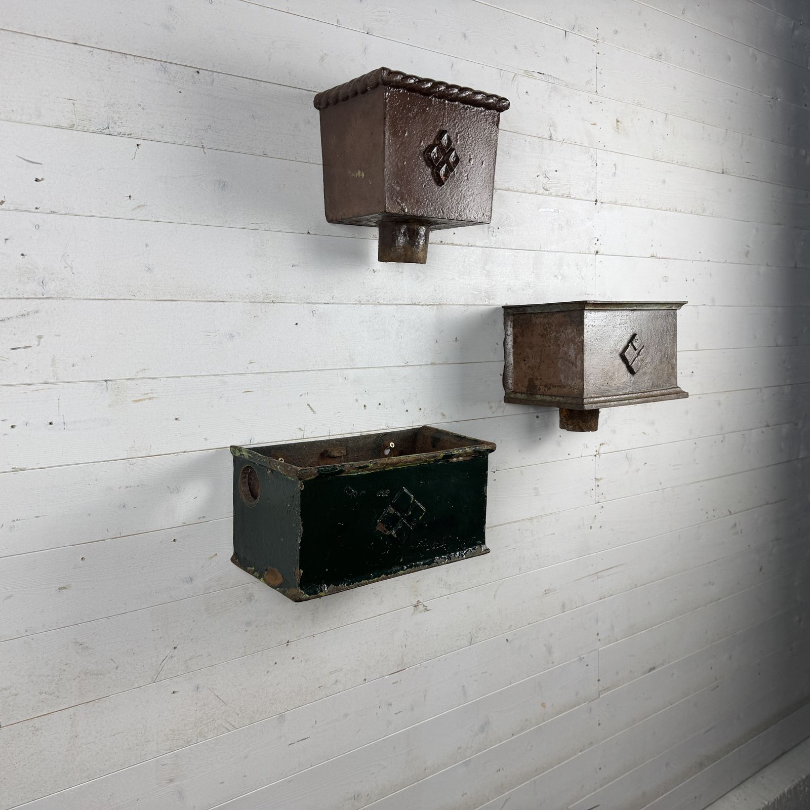3 Mixed Size Antique Cast Iron Rainwater Hoppers photo for sale