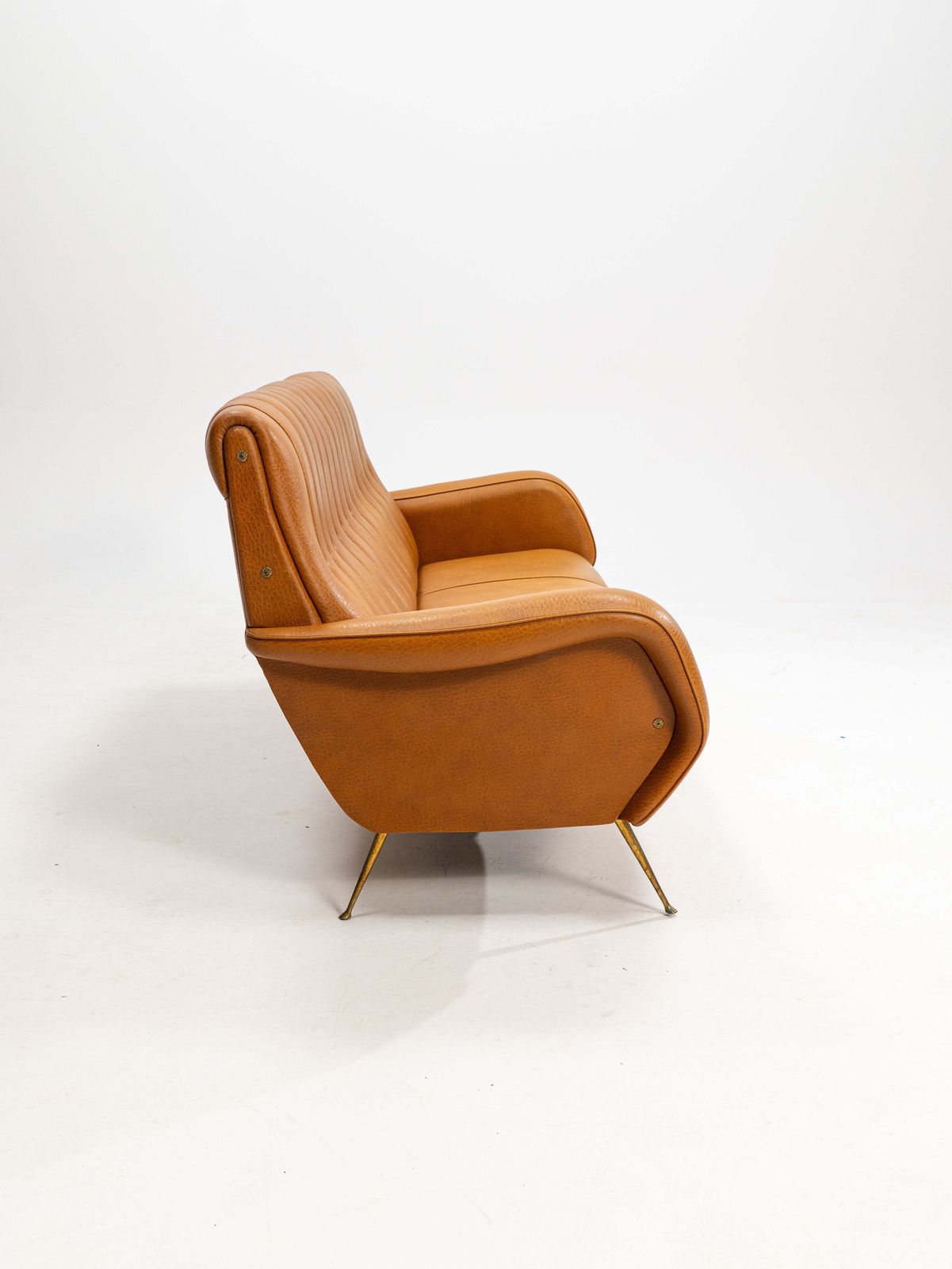 Three Seater Sofa In Skai With Brass Feet In The Style Of Marco Zanuso,1950s photo for sale