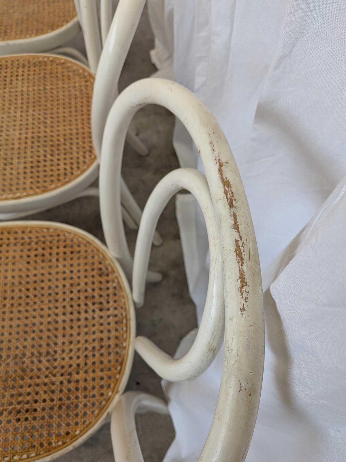Set Of 6 Vintage Thonet Style Dining Chairs: White Wood & Cane Seat photo vinterior