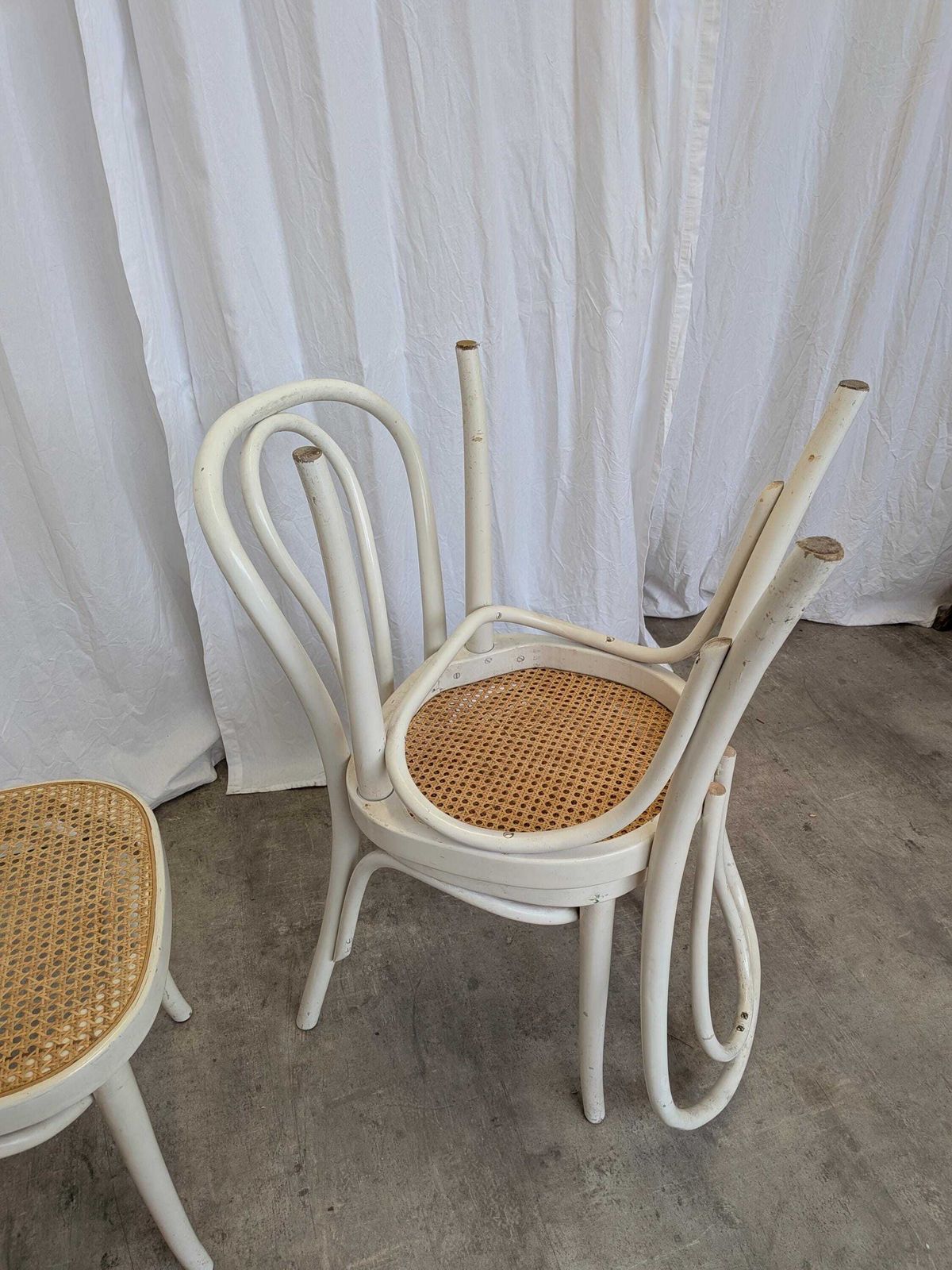 1305.0 Set Of 6 Vintage Thonet Style Dining Chairs: White Wood & Cane Seat photo