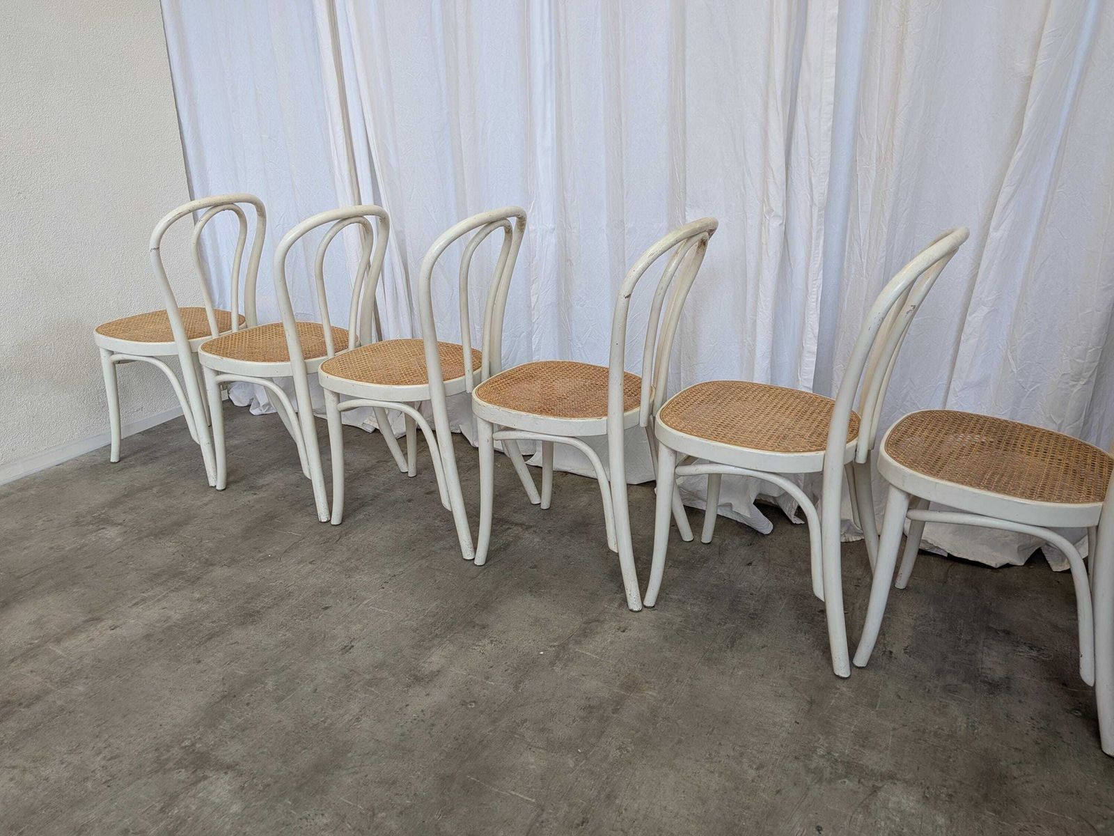 photo vinterior Set Of 6 Vintage Thonet Style Dining Chairs: White Wood & Cane Seat