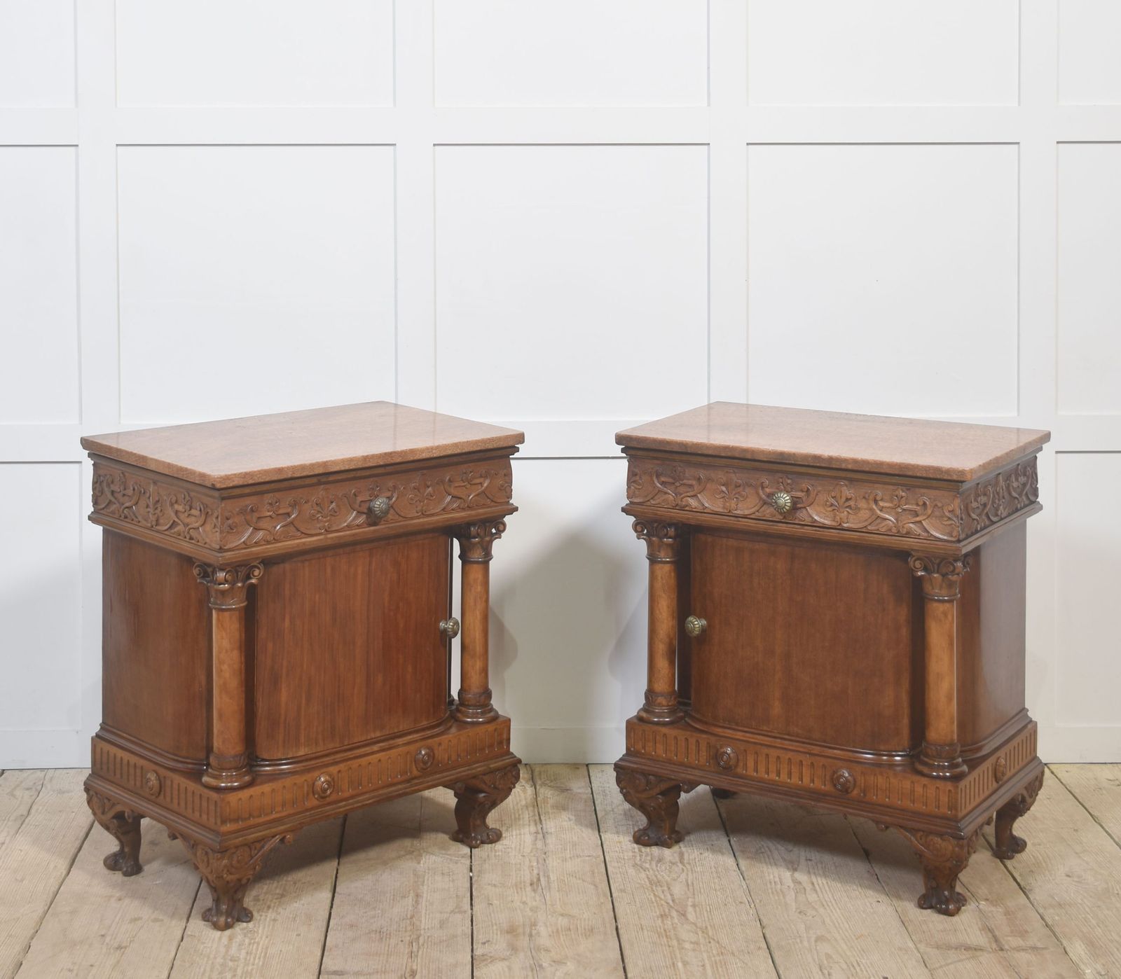photo for sale Pair Of Carved Mahogany Bedside Cabinets