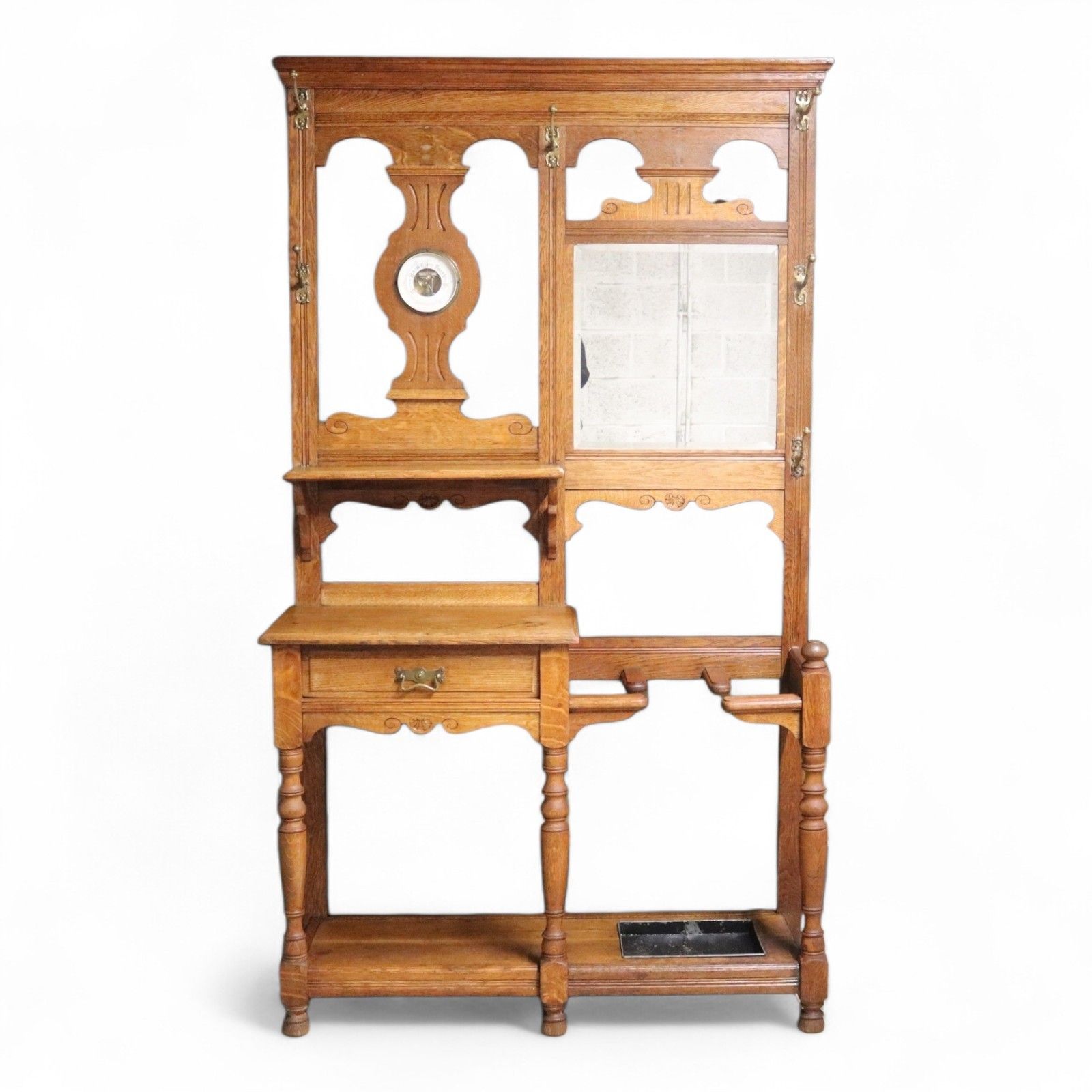photo vinterior Antique Edwardian Oak Hall Stand Barometer & Mirror Arts & Crafts Style C.1905