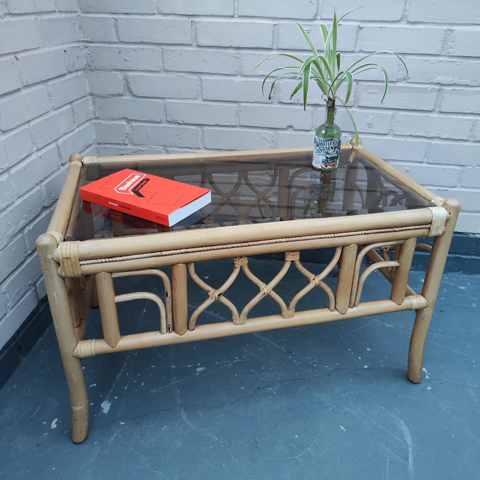 Vintage Cane Coffee Table With Smoked Glass Top
