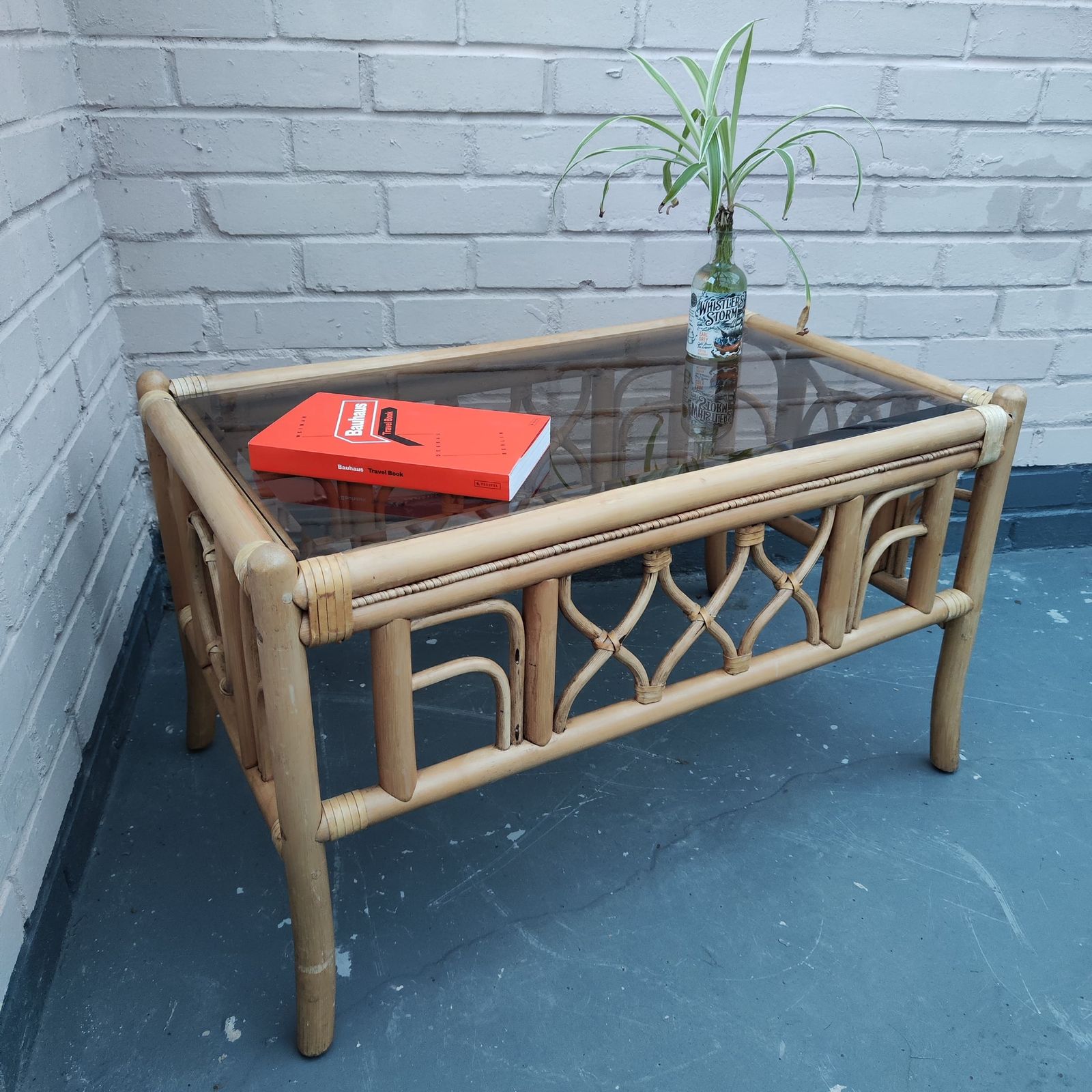 Vintage Cane Coffee Table With Smoked Glass Top photo furniture