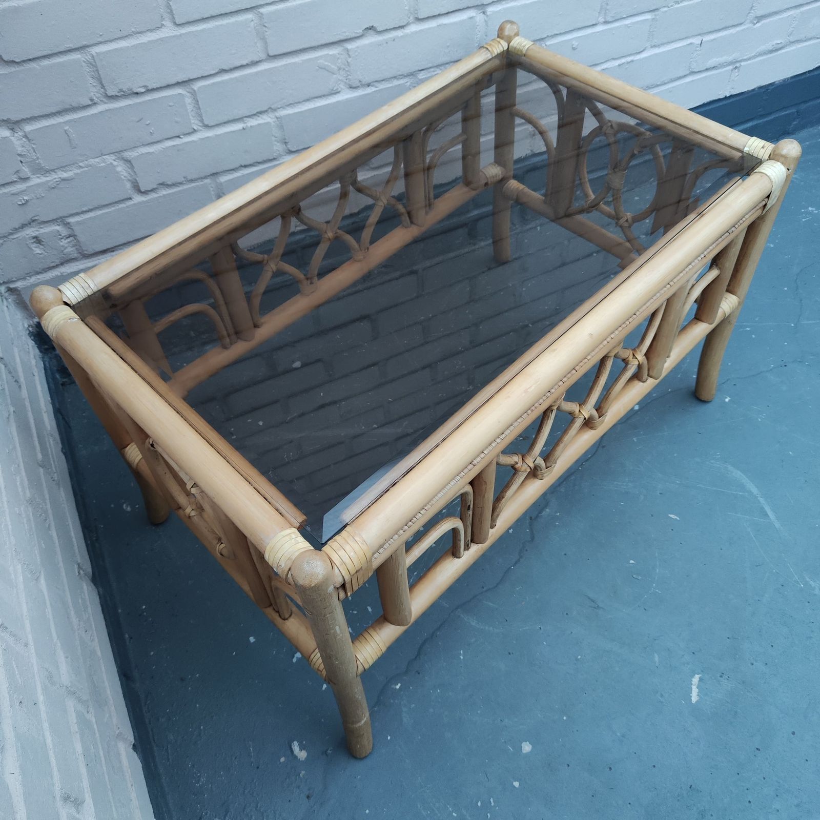 Vintage Cane Coffee Table With Smoked Glass Top photo vinterior