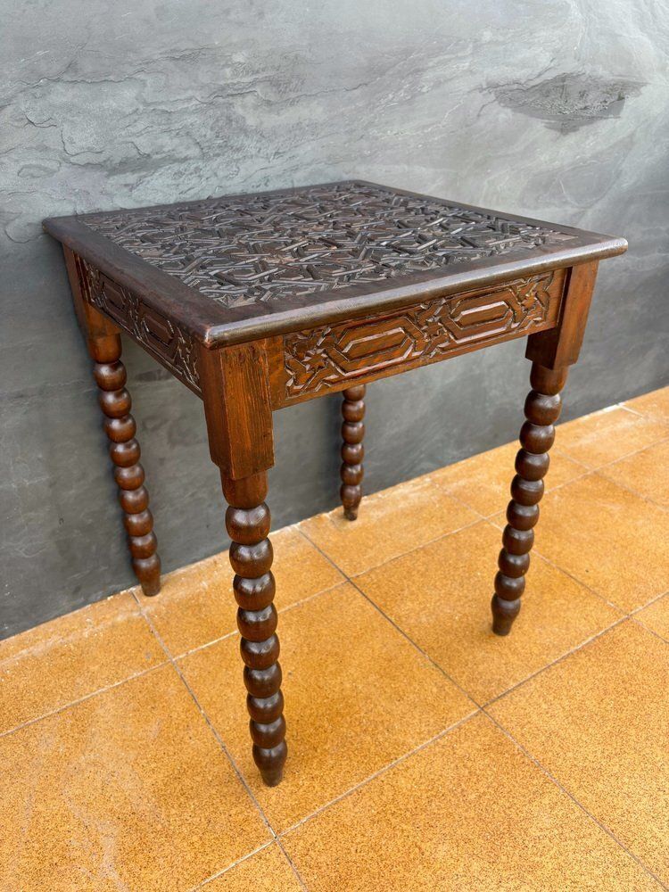 Spanish Barley Twist Side Table With Geometric Carved Top, 1930s photo vintage