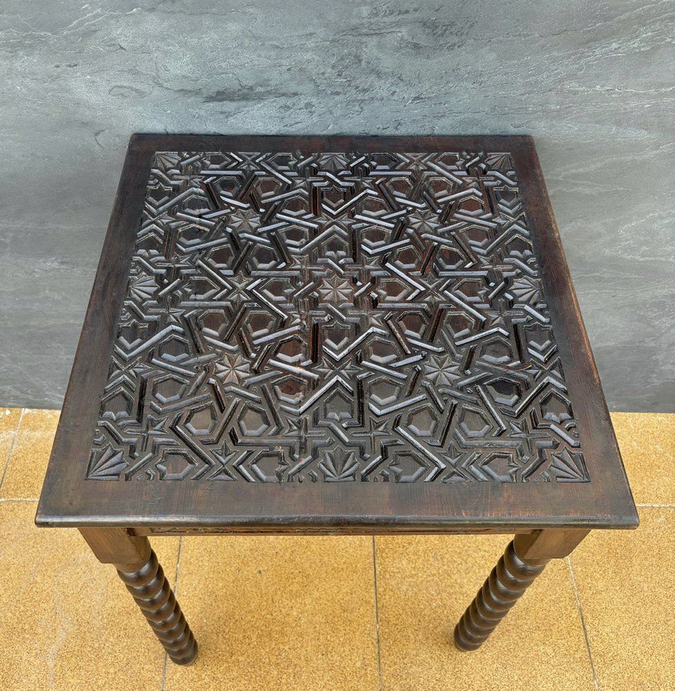 photo for sale Spanish Barley Twist Side Table With Geometric Carved Top, 1930s