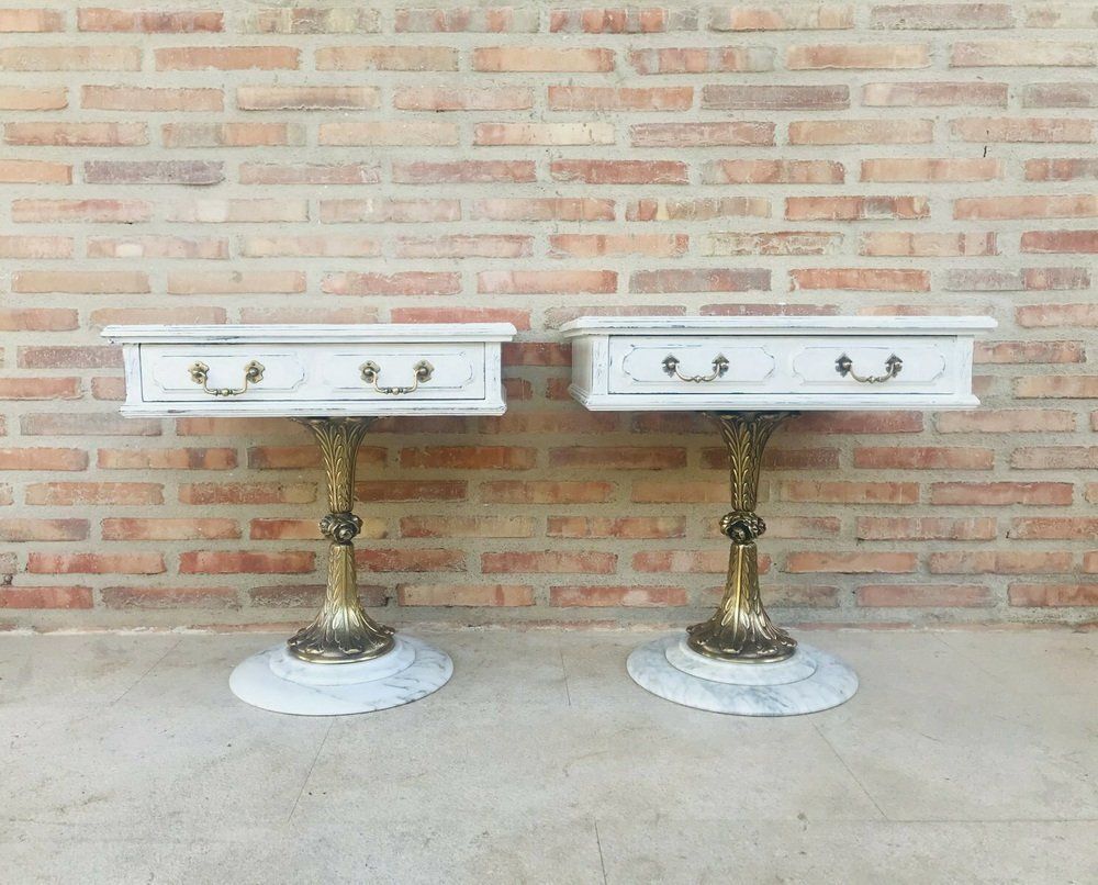 Neoclassical Side Tables With Drawers And Marble Bases, 1950, Set Of 2 photo vintage